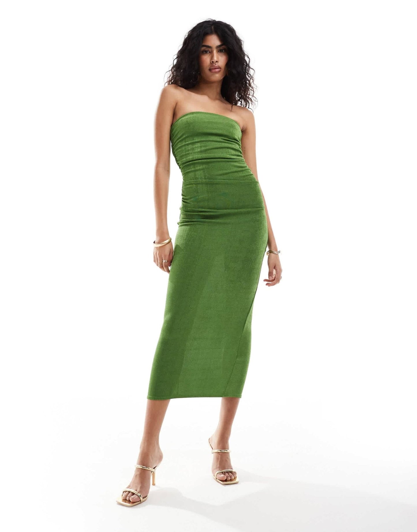 New Look ruched side bandeau midi dress in green - ASOS Sample Sale