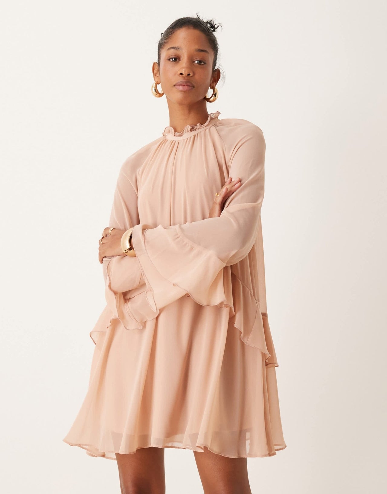 New Look ruffle high neck mini dress in pale pink - ASOS Sample Sale
