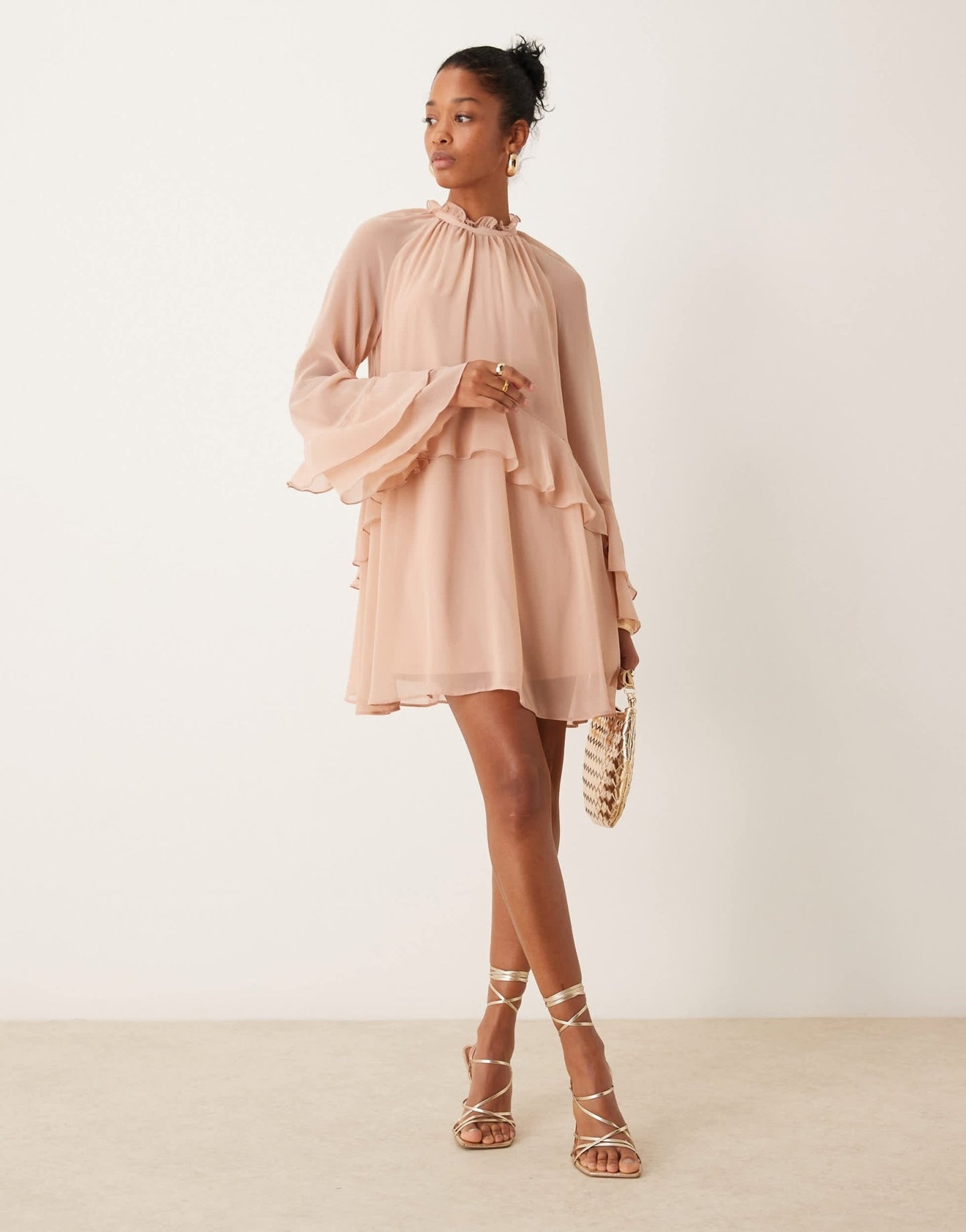 New Look ruffle high neck mini dress in pale pink - ASOS Sample Sale