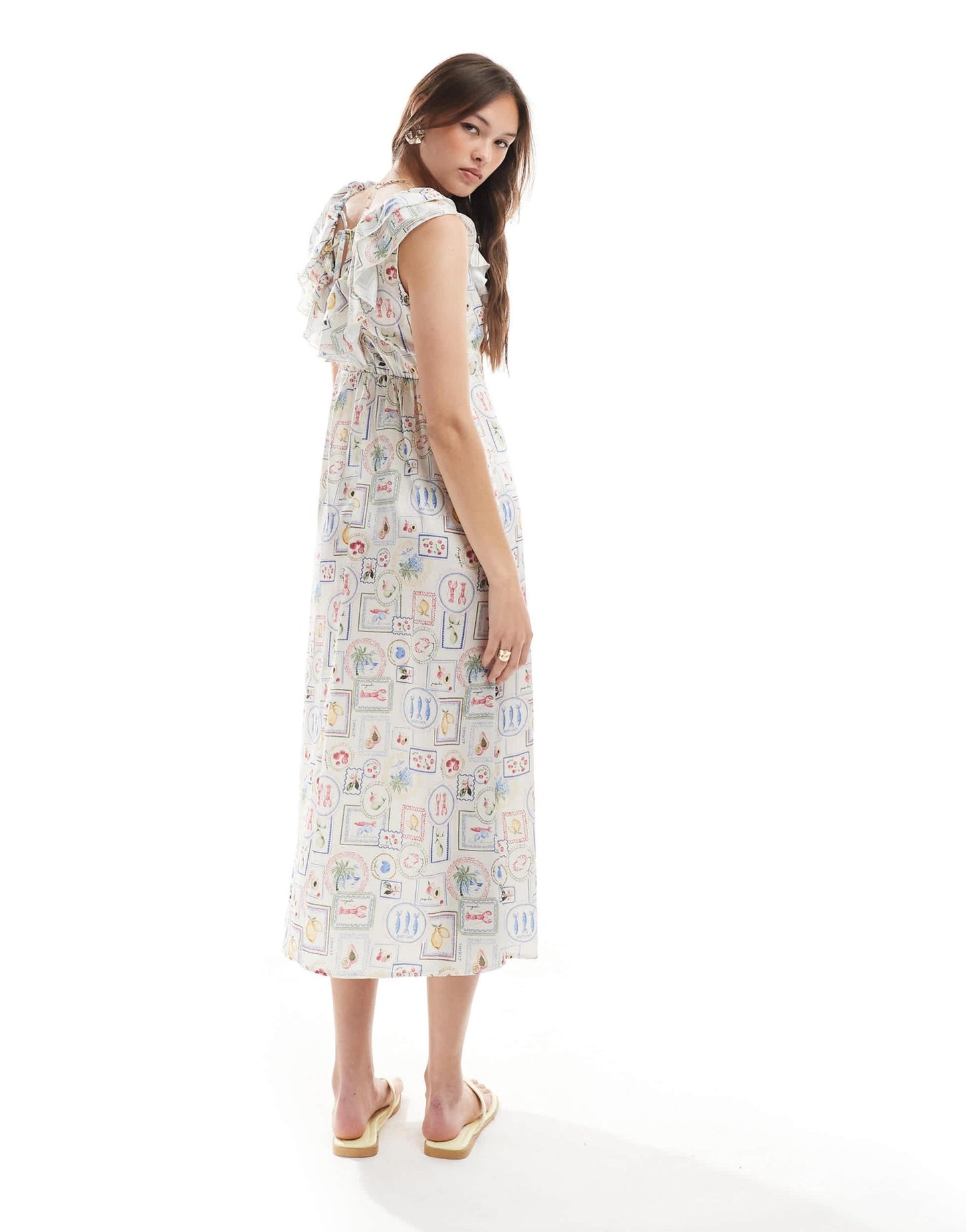 New Look ruffle midi dress in lobster print - ASOS Sample Sale