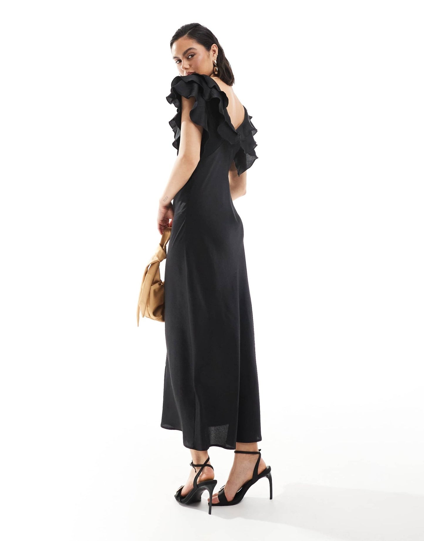 New Look ruffle sleeve satin midi dress in black - ASOS Sample Sale