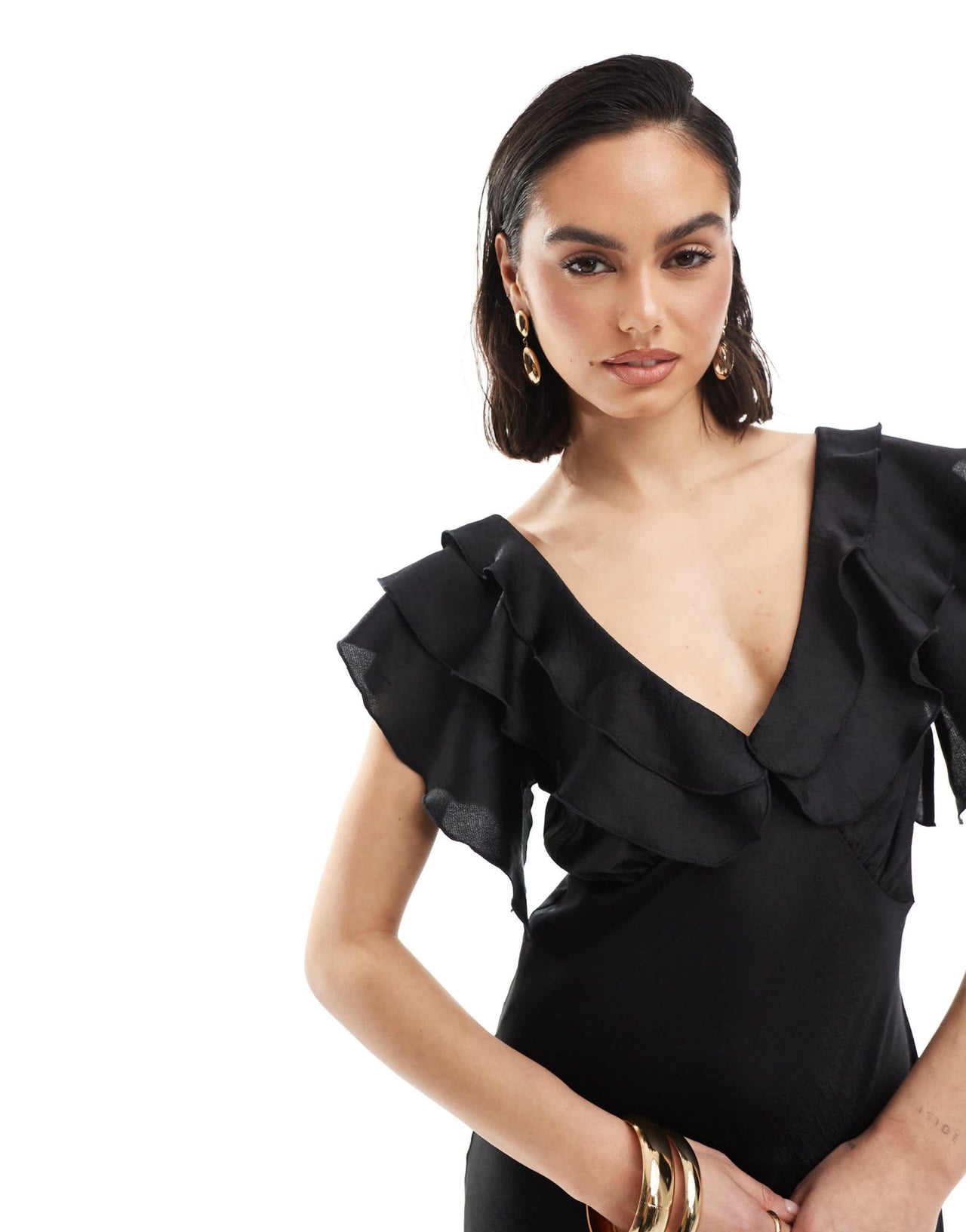 New Look ruffle sleeve satin midi dress in black - ASOS Sample Sale