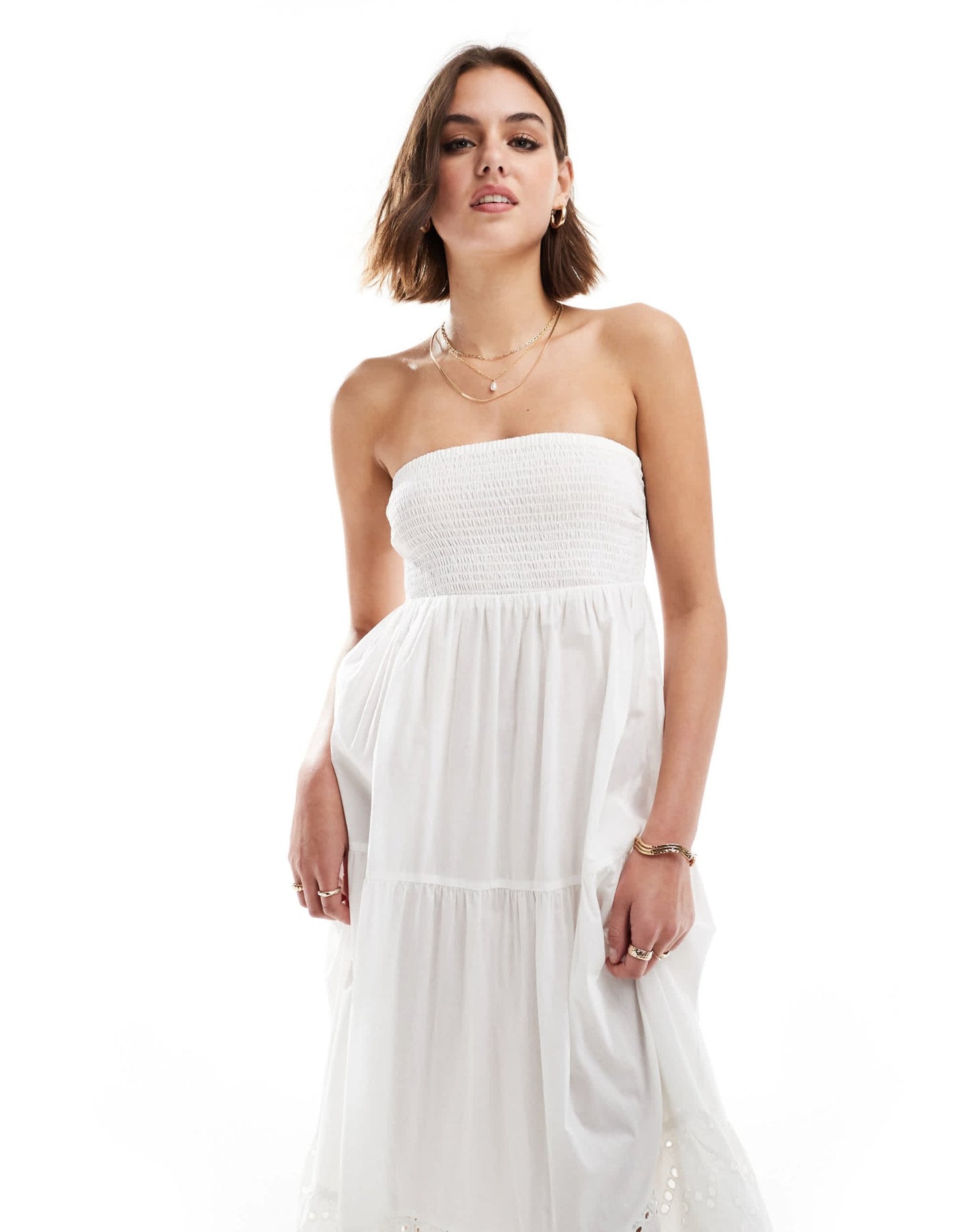 New Look shirred bandeau broderie maxi dress in white - ASOS Sample Sale