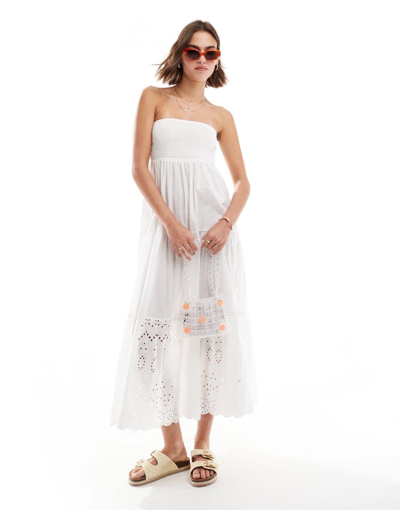 New Look shirred bandeau broderie maxi dress in white - ASOS Sample Sale
