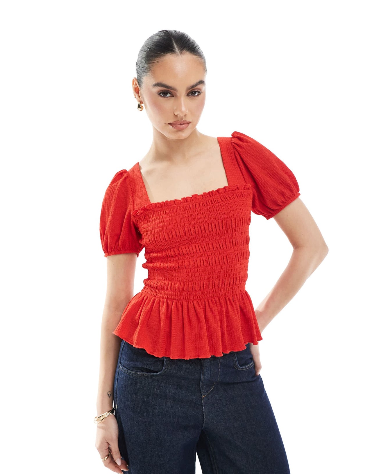 New Look shirred bodice puff sleeve top in red - ASOS Sample Sale