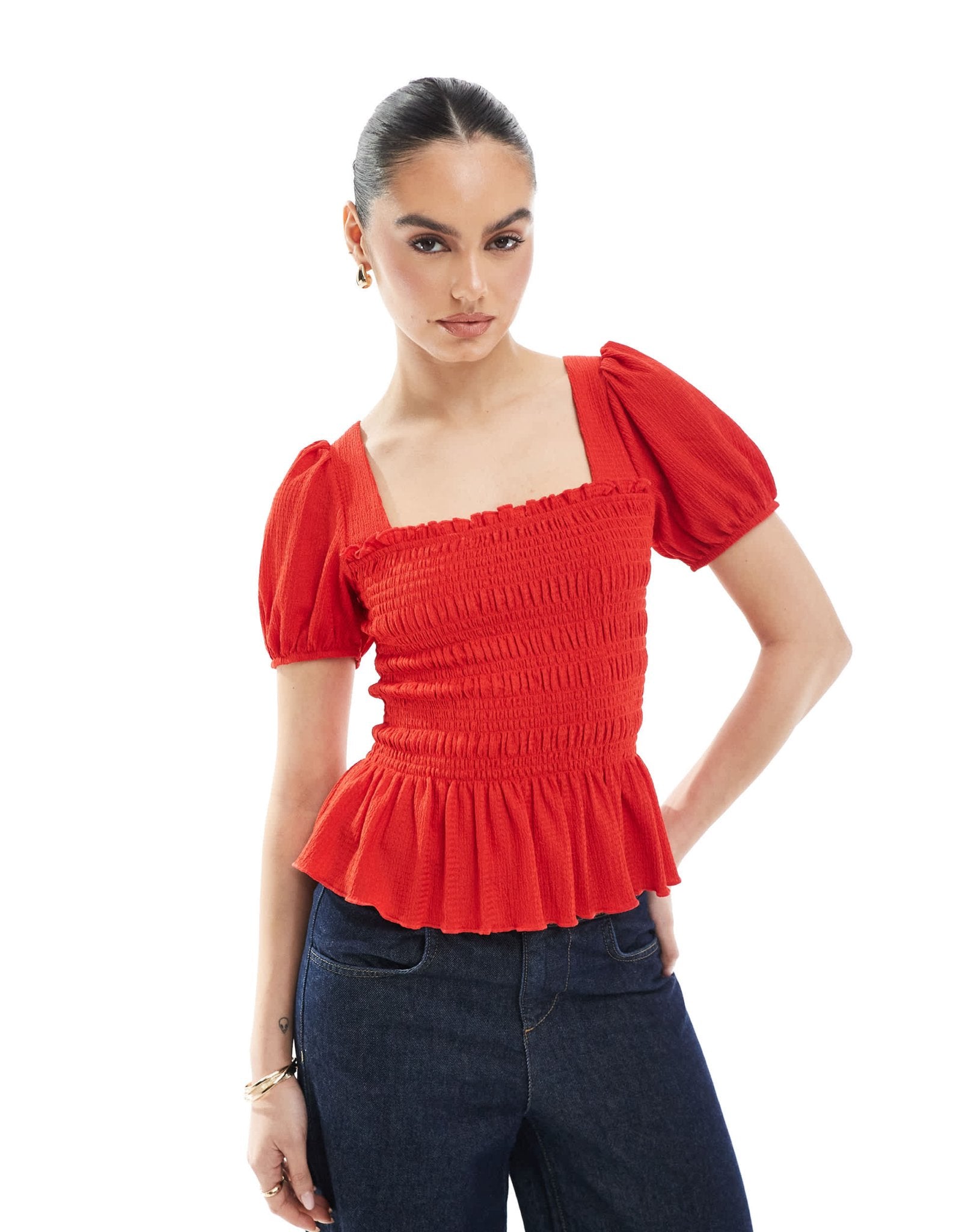 New Look shirred bodice puff sleeve top in red - ASOS Sample Sale