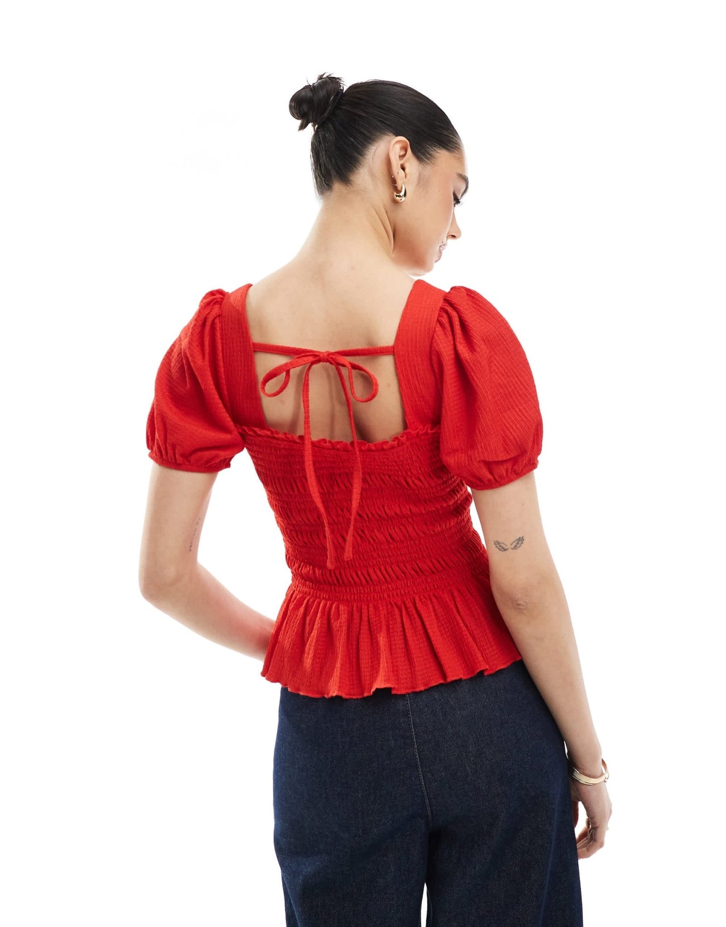 New Look shirred bodice puff sleeve top in red - ASOS Sample Sale