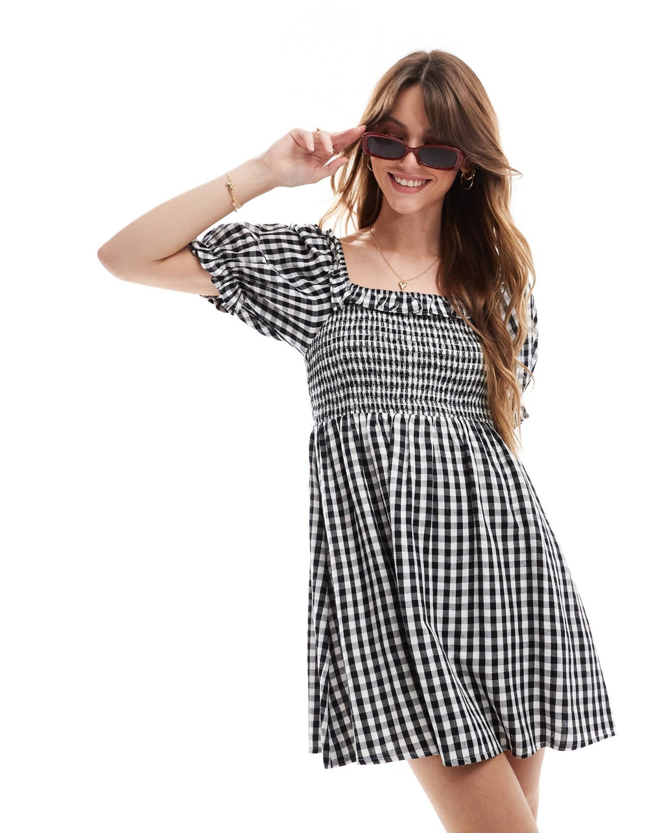 New Look shirred mini dress in black gingham - ASOS Sample Sale