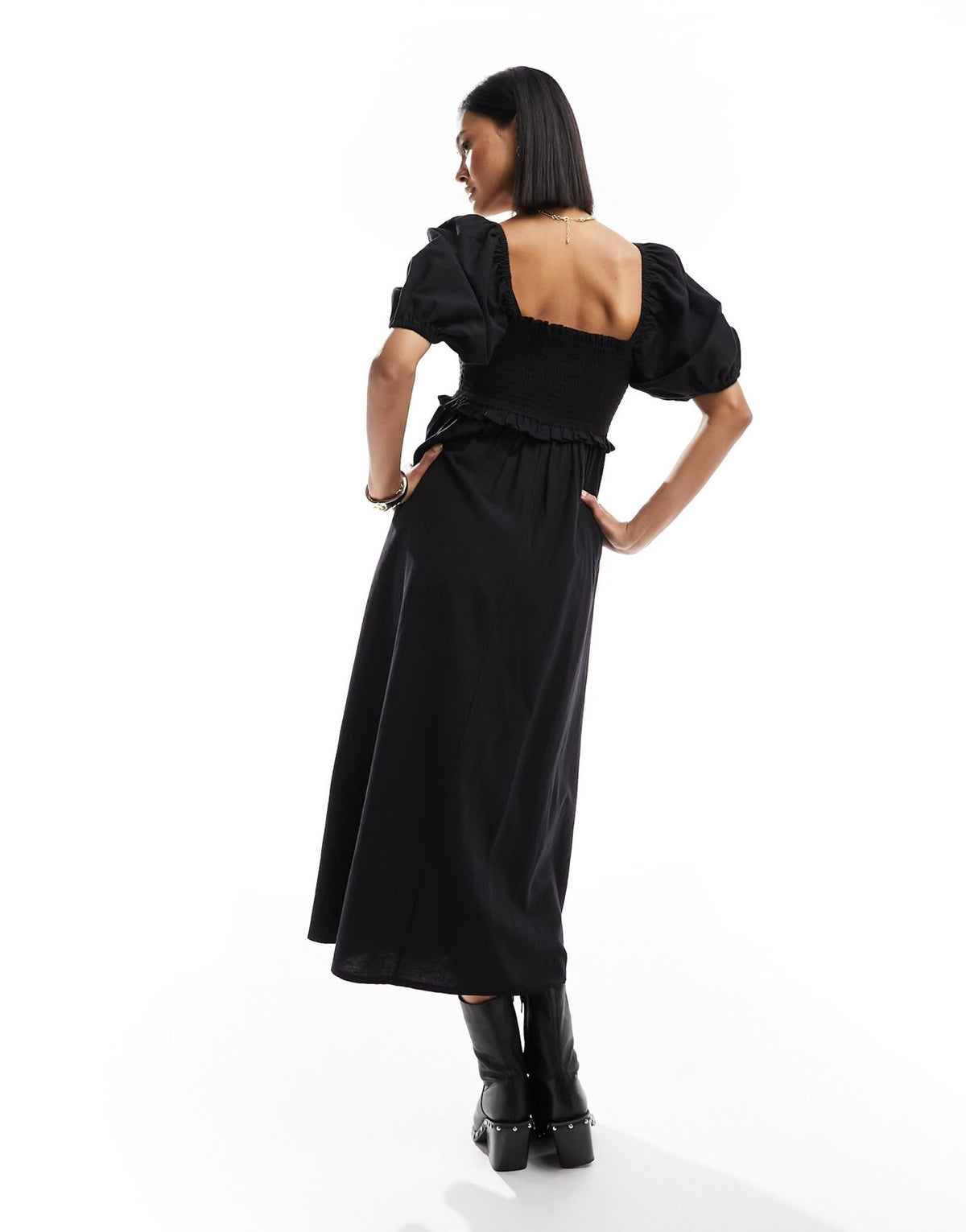 New Look shirred puff sleeve linen blend midi dress in black - ASOS Sample Sale