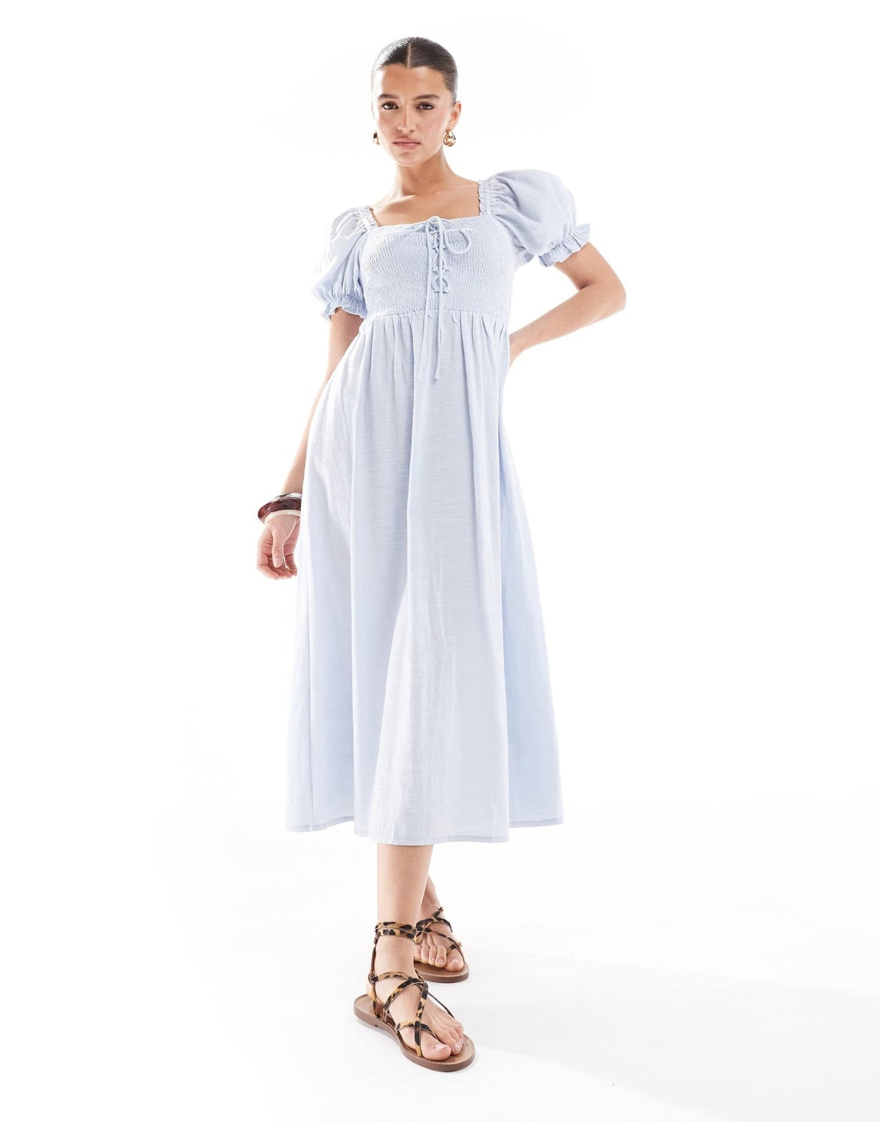 New Look shirred tie front midi dress in blue - ASOS Sample Sale