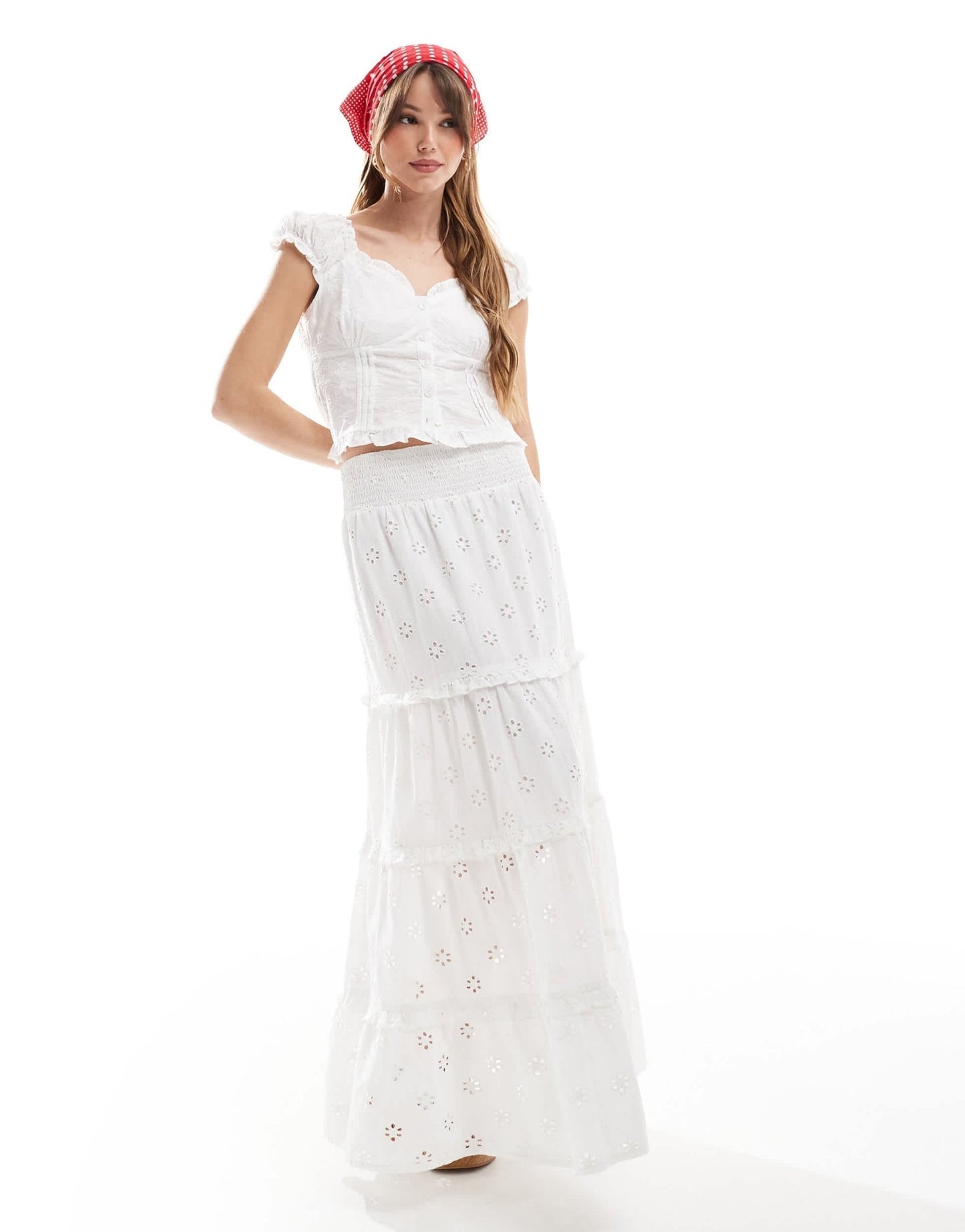 New Look shirred waist embroidered midi skirt in white - ASOS Sample Sale