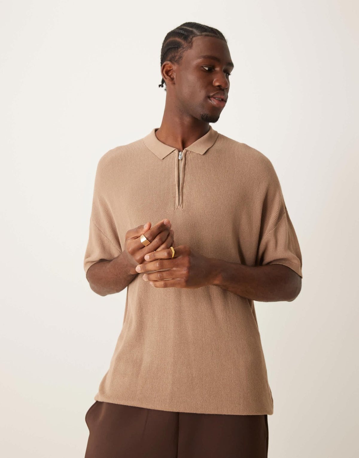 New Look short sleeve 1/4 zip polo in camel - ASOS Sample Sale