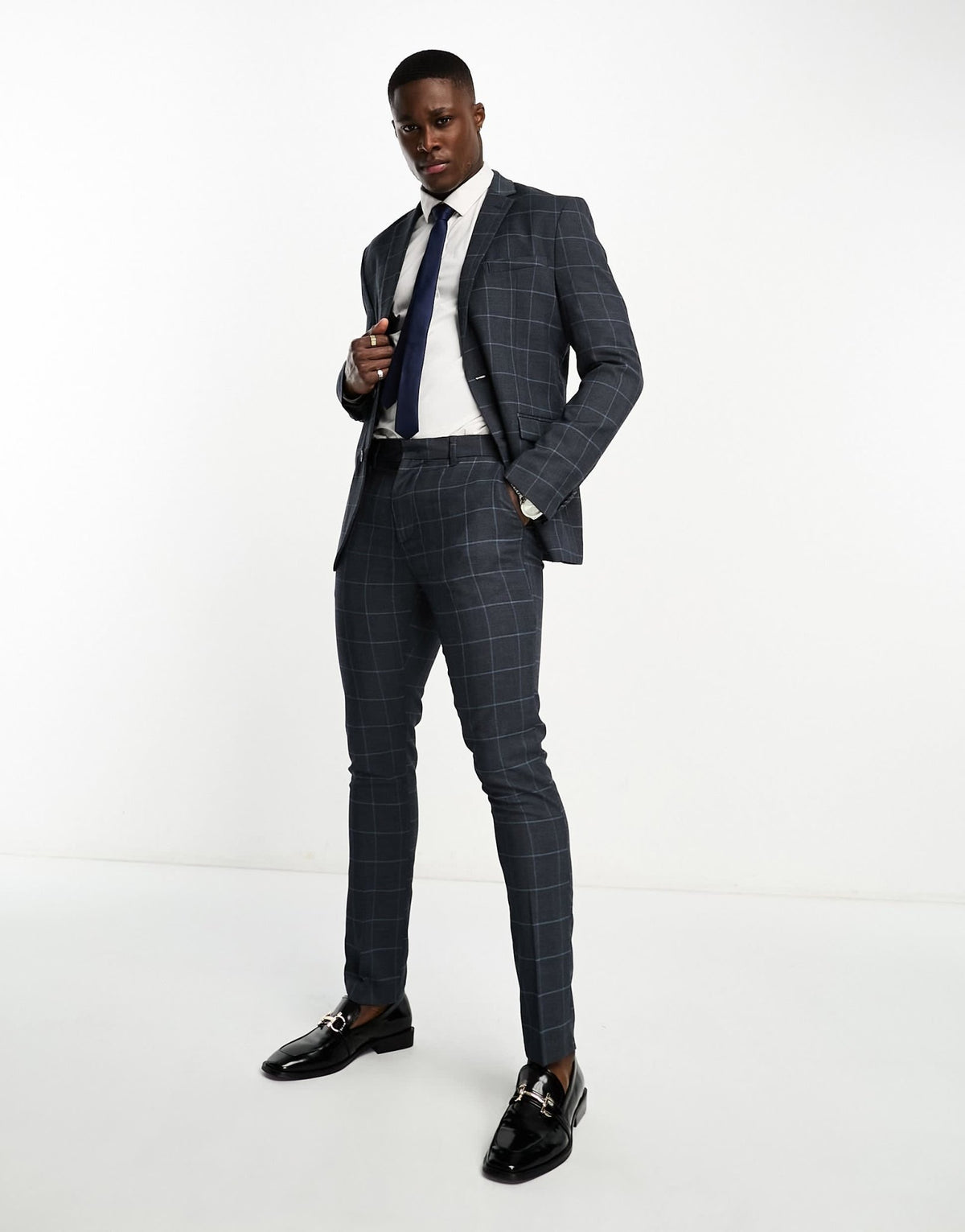 New Look skinny suit jacket in grey & blue check - ASOS Sample Sale