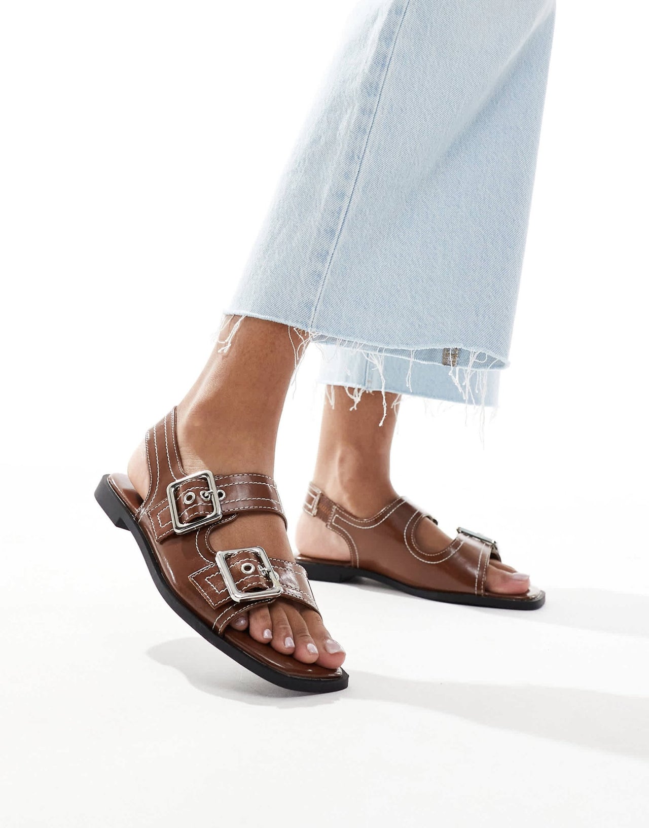 New Look slingback chunky patent sandal with contrast stitch in brown - ASOS Sample Sale