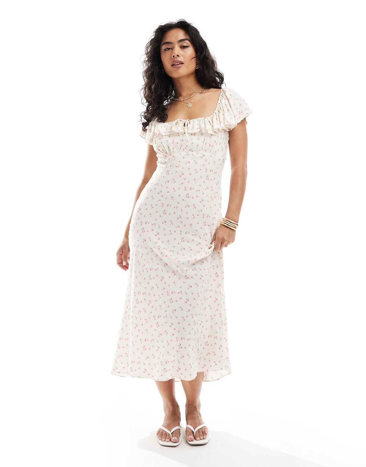 New Look square neck ditsy floral midi dress in cream - ASOS Sample Sale
