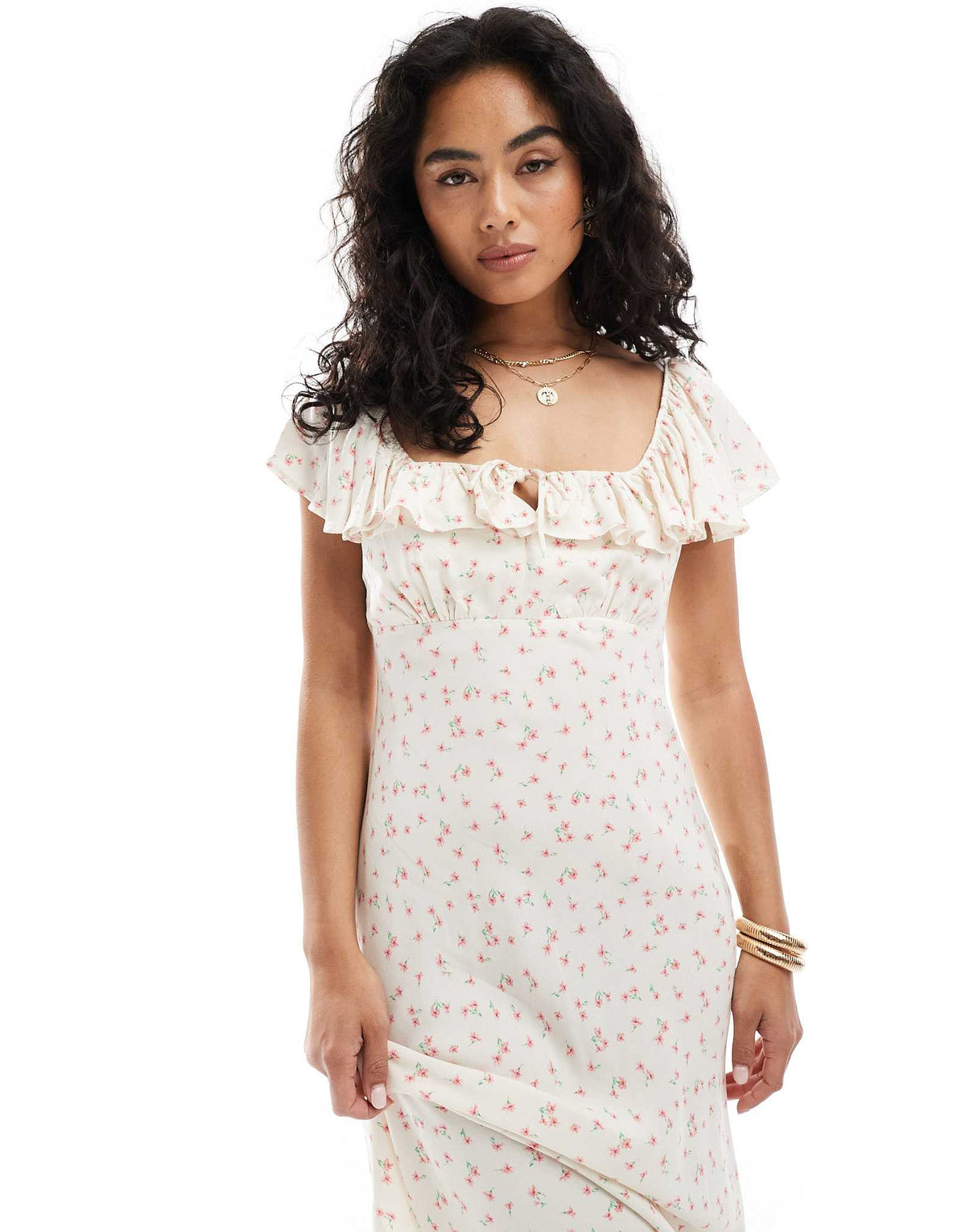 New Look square neck ditsy floral midi dress in cream - ASOS Sample Sale