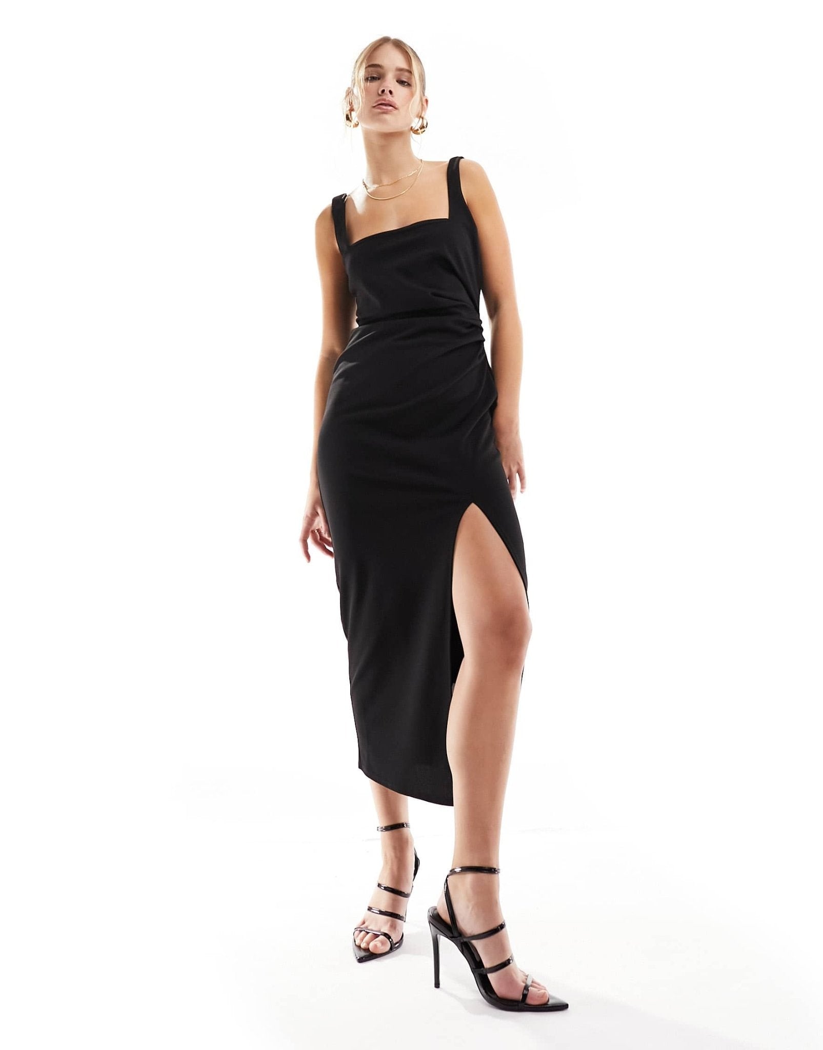 New Look square neck ruched front midi dress in black - ASOS Sample Sale
