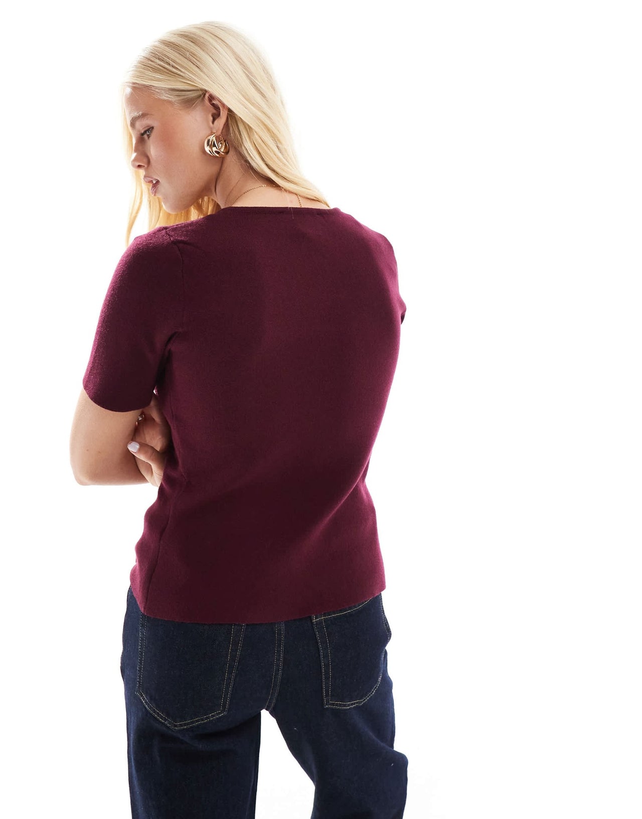 New Look square neck short sleeve cardigan in burgundy - ASOS Sample Sale