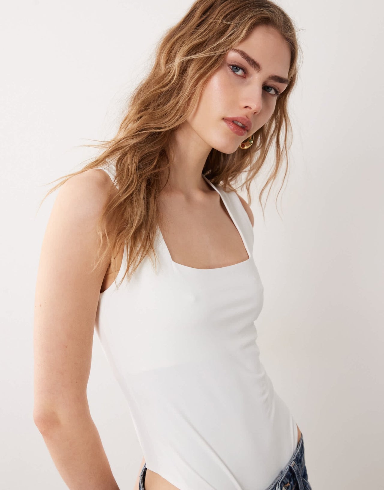 New Look square neck slinky bodysuit in white - ASOS Sample Sale