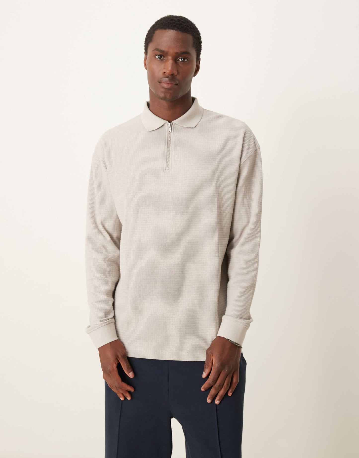 New Look textured long sleeve polo shirt in stone - ASOS Sample Sale