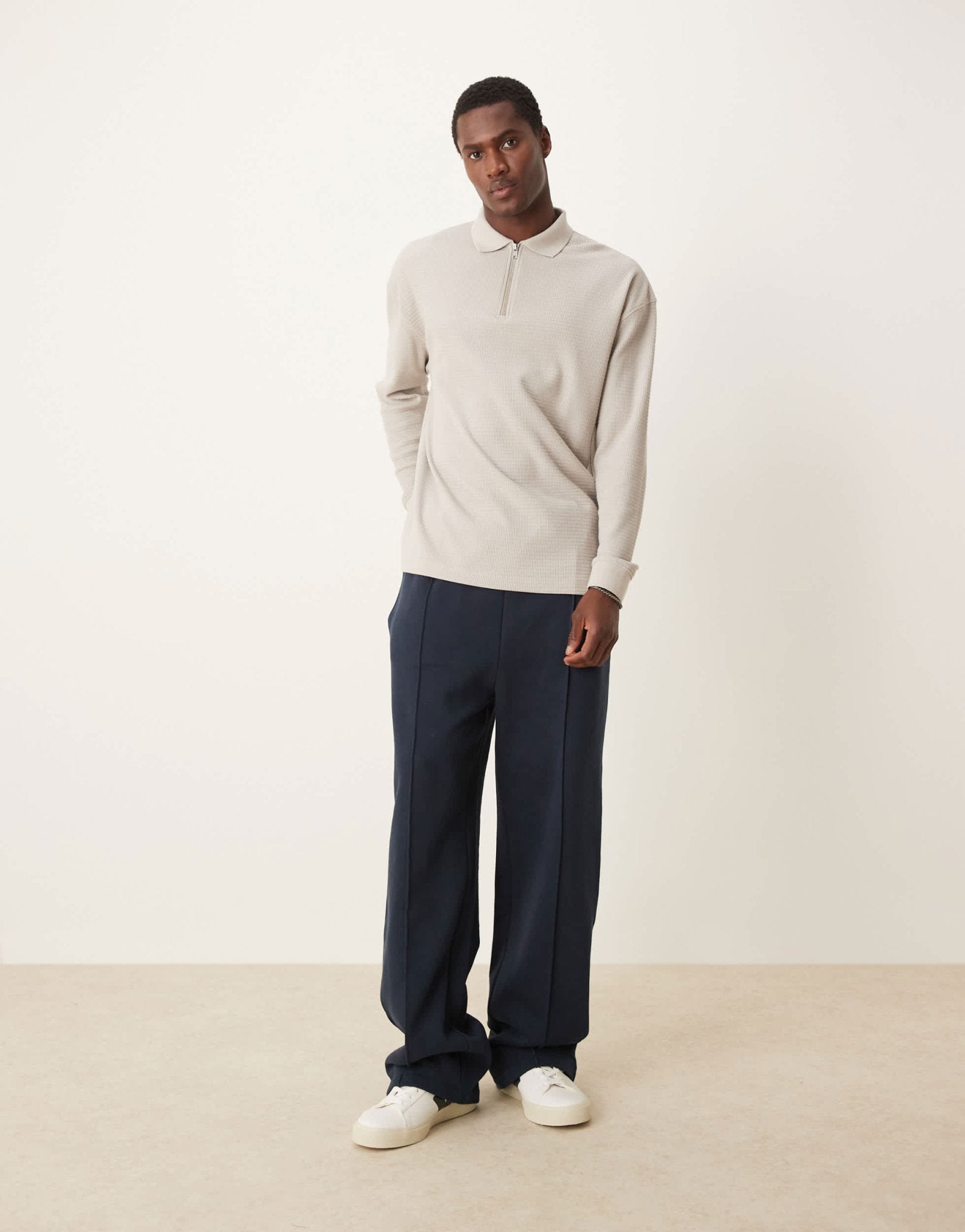 New Look textured long sleeve polo shirt in stone - ASOS Sample Sale