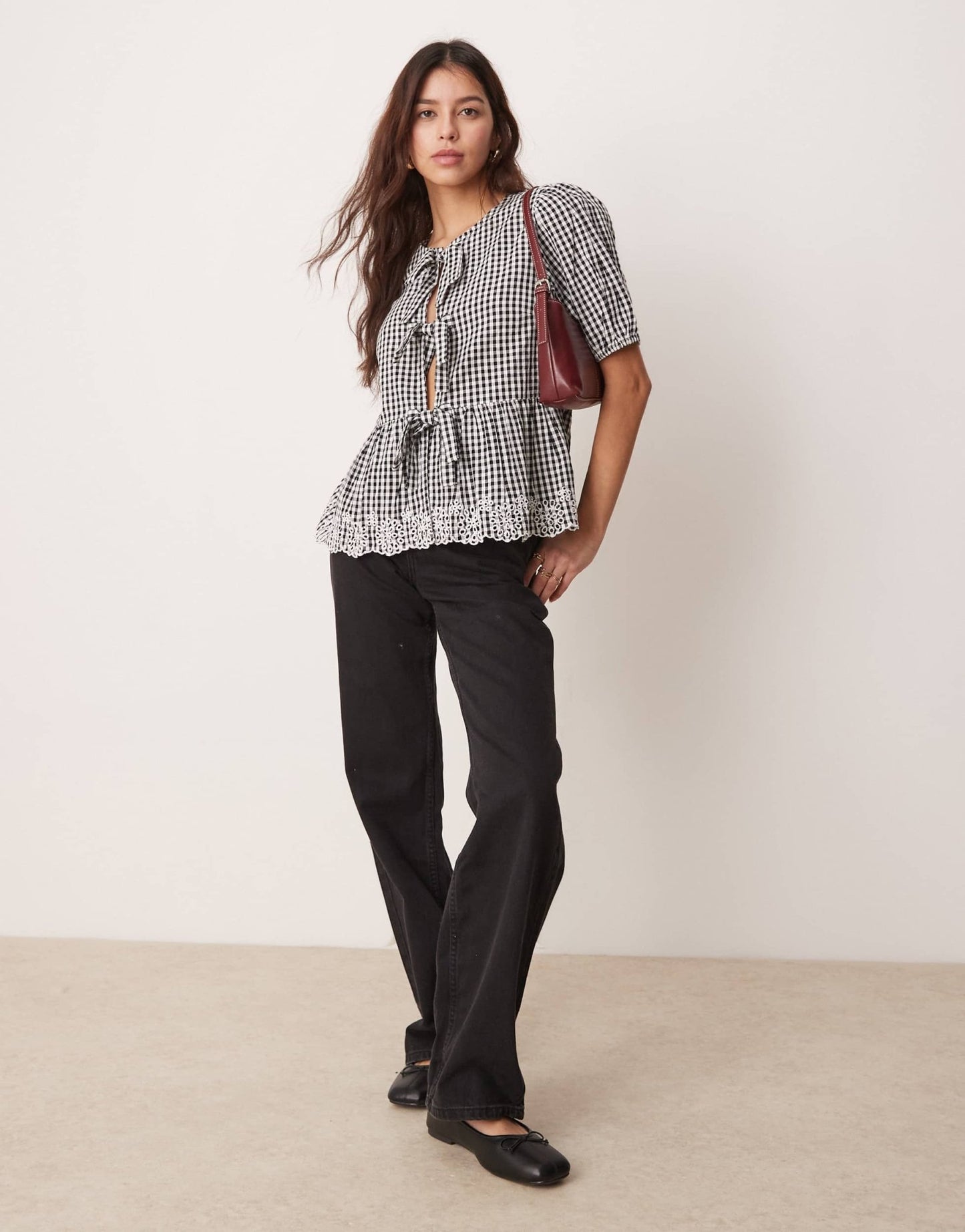 New Look tie front gingham top in black - ASOS Sample Sale