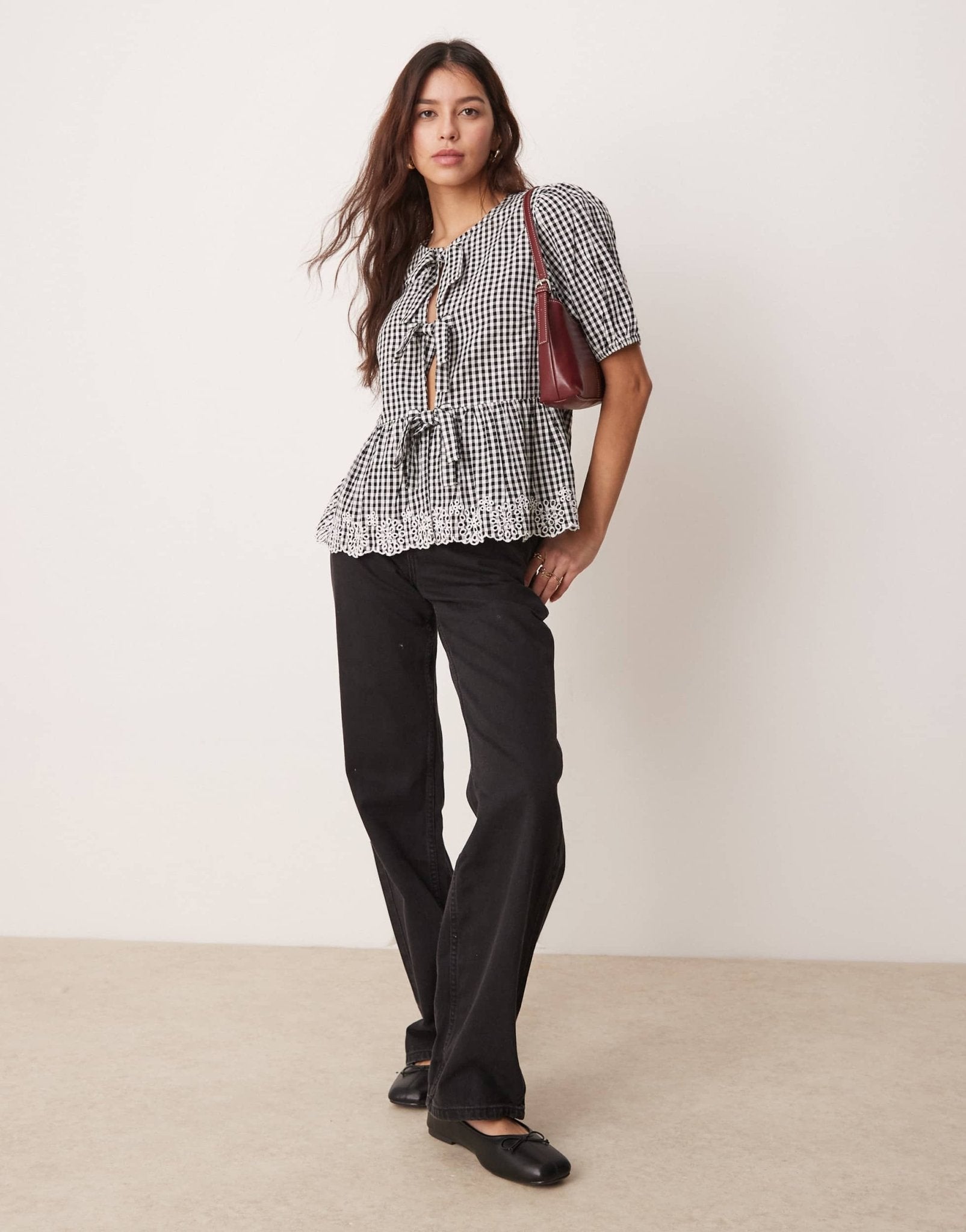 New Look tie front gingham top in black - ASOS Sample Sale