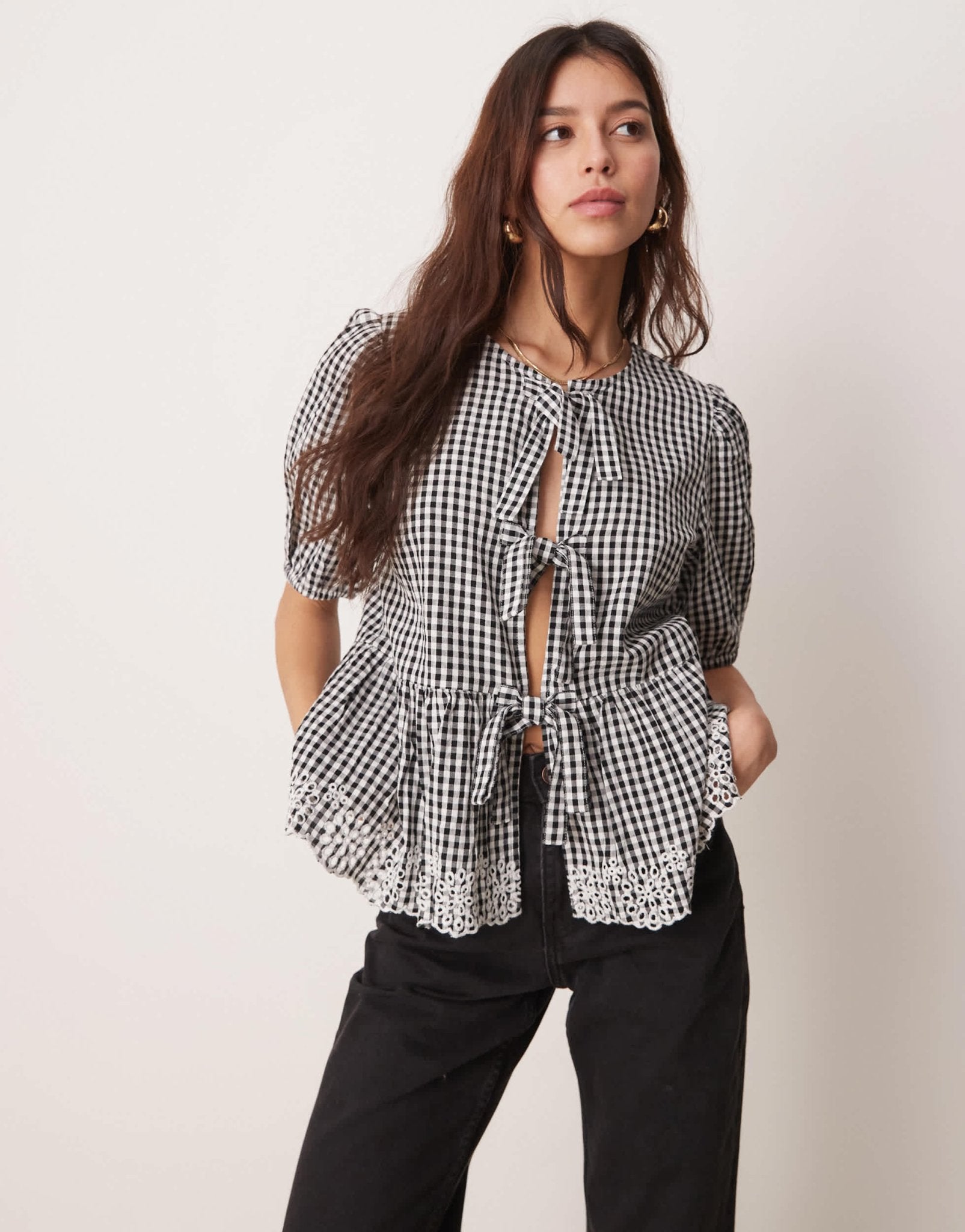 New Look tie front gingham top in black - ASOS Sample Sale