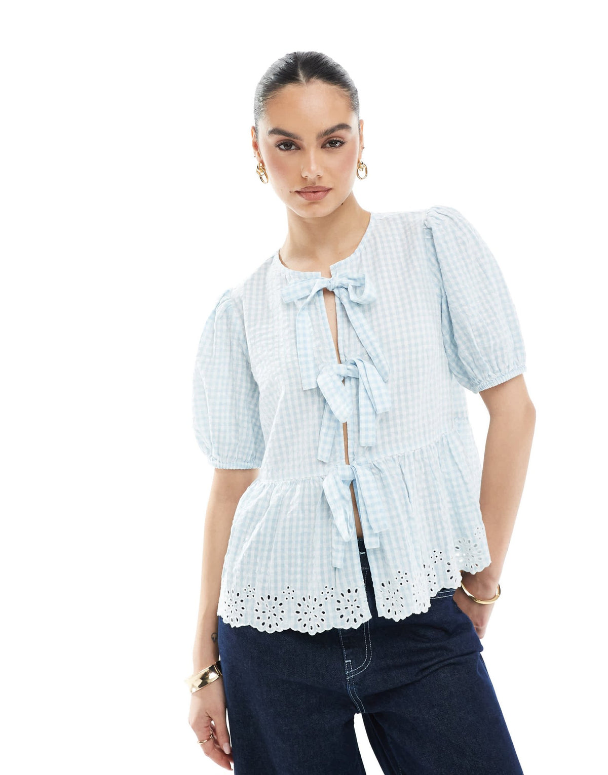 New Look tie front gingham top in blue - ASOS Sample Sale