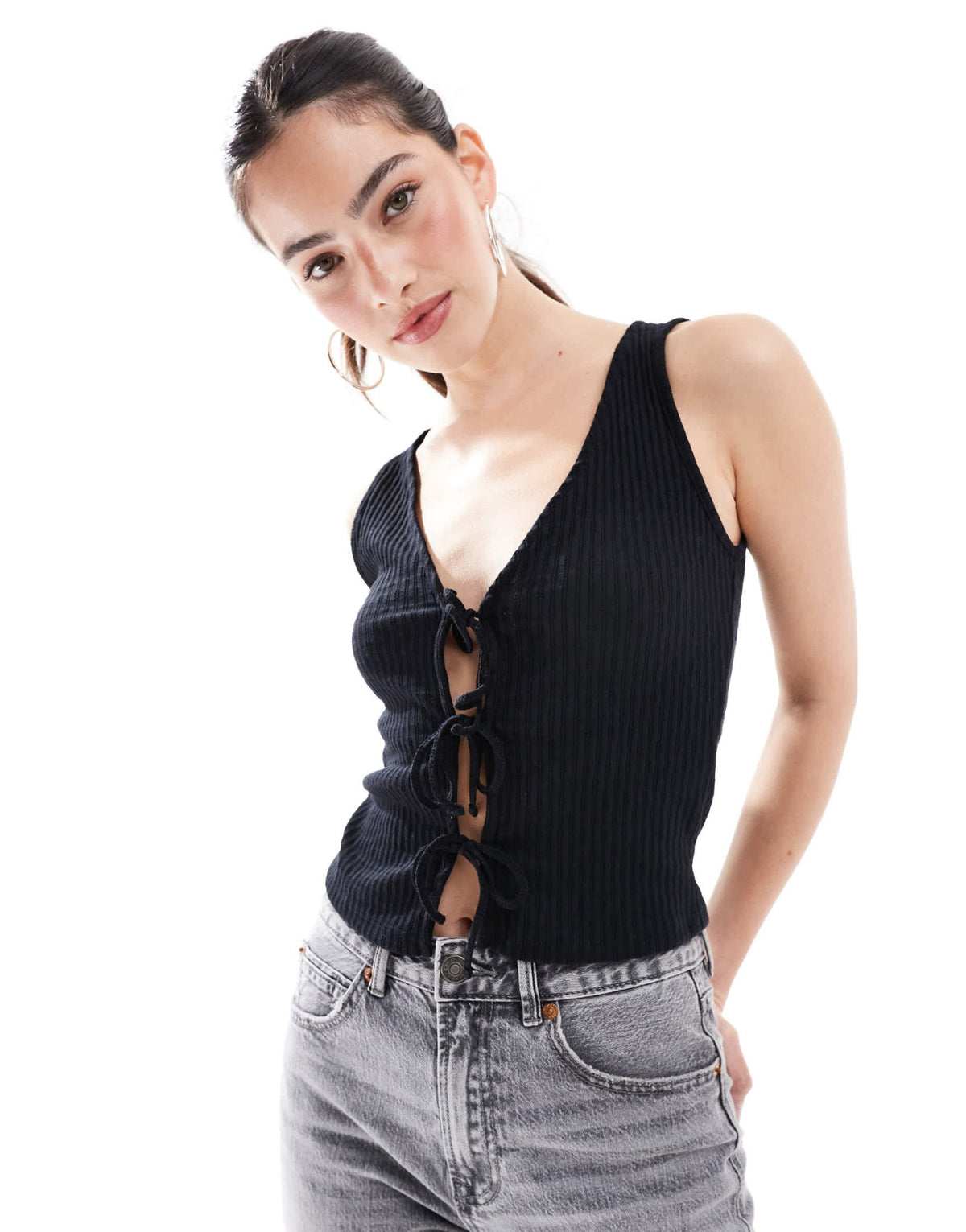 New Look tie front jersey vest in black - ASOS Sample Sale