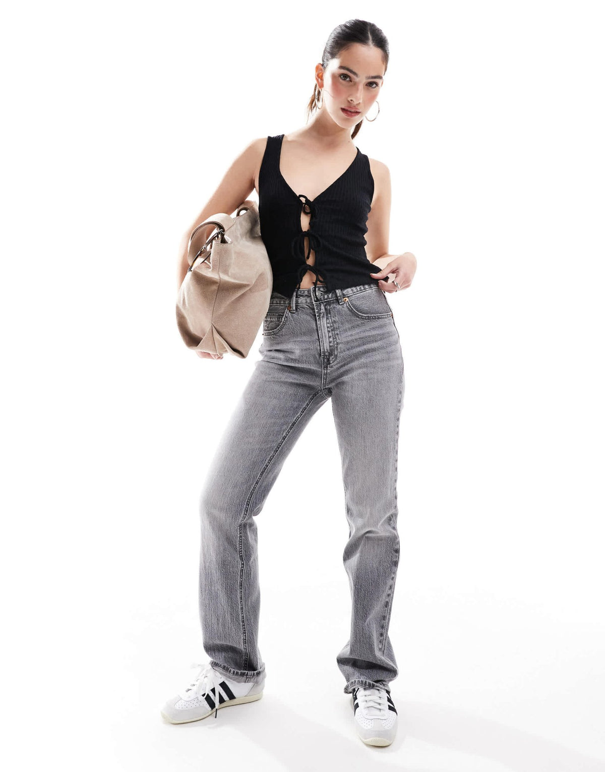 New Look tie front jersey vest in black - ASOS Sample Sale