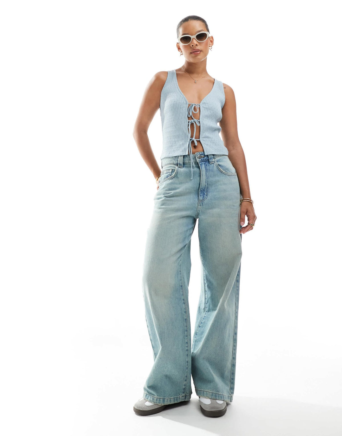 New Look tie front jersey vest in blue - ASOS Sample Sale
