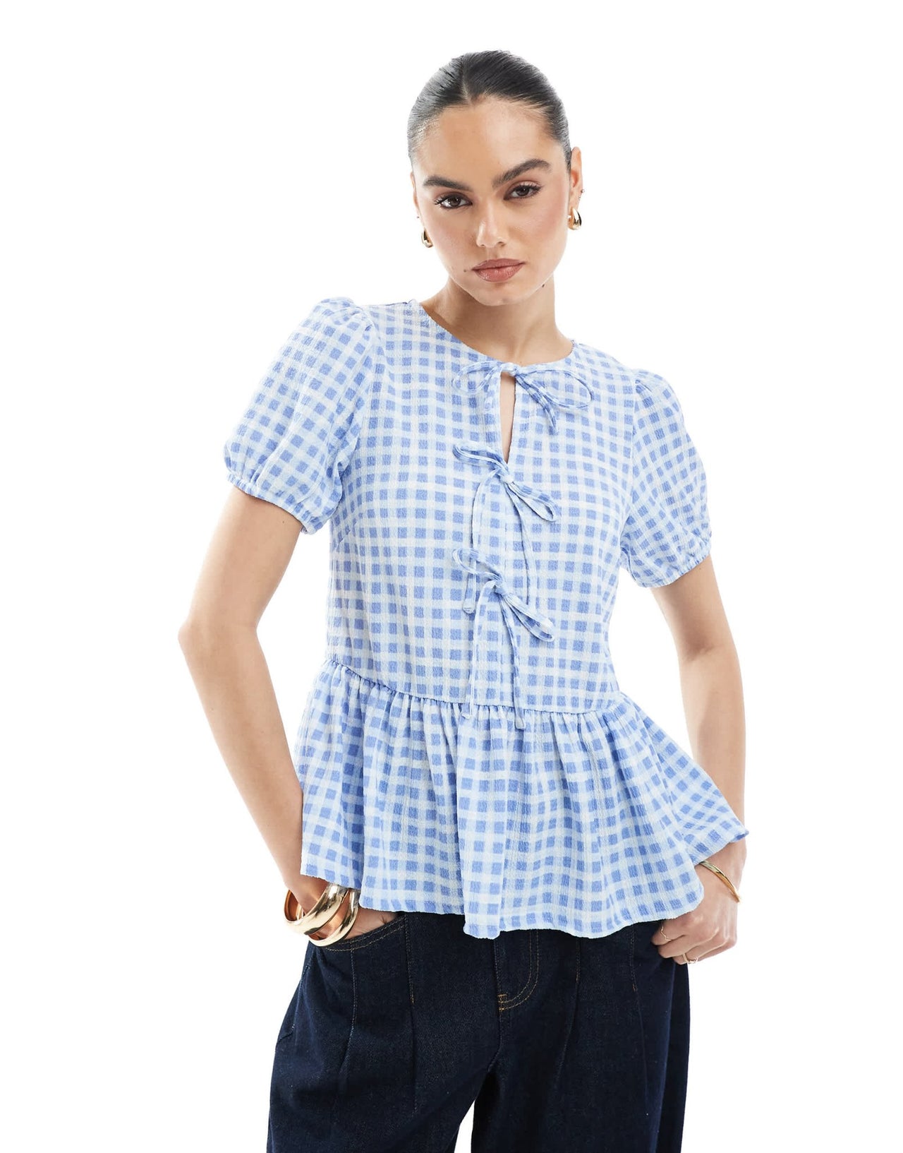 New Look tie front peplum top in blue gingham - ASOS Sample Sale