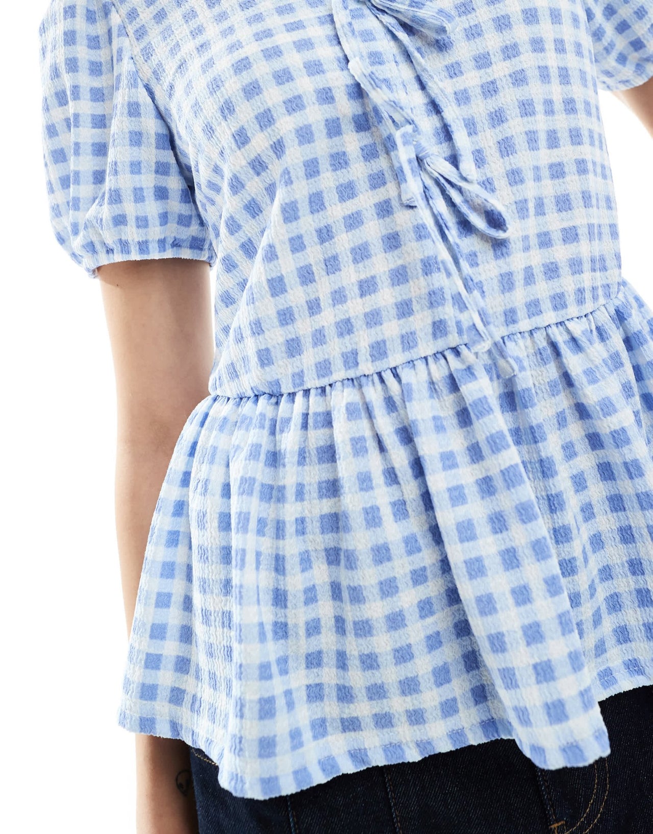 New Look tie front peplum top in blue gingham - ASOS Sample Sale