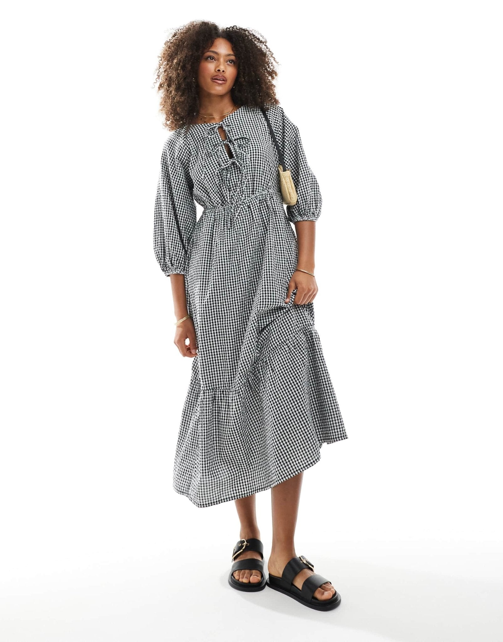 New Look tie front smock midi dress in black gingham - ASOS Sample Sale