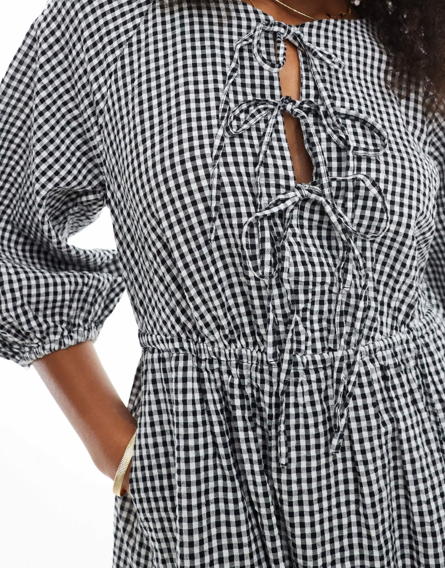 New Look tie front smock midi dress in black gingham - ASOS Sample Sale