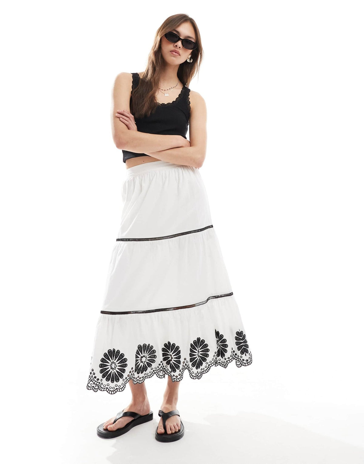 New Look tiered floral hem midi skirt in white - ASOS Sample Sale