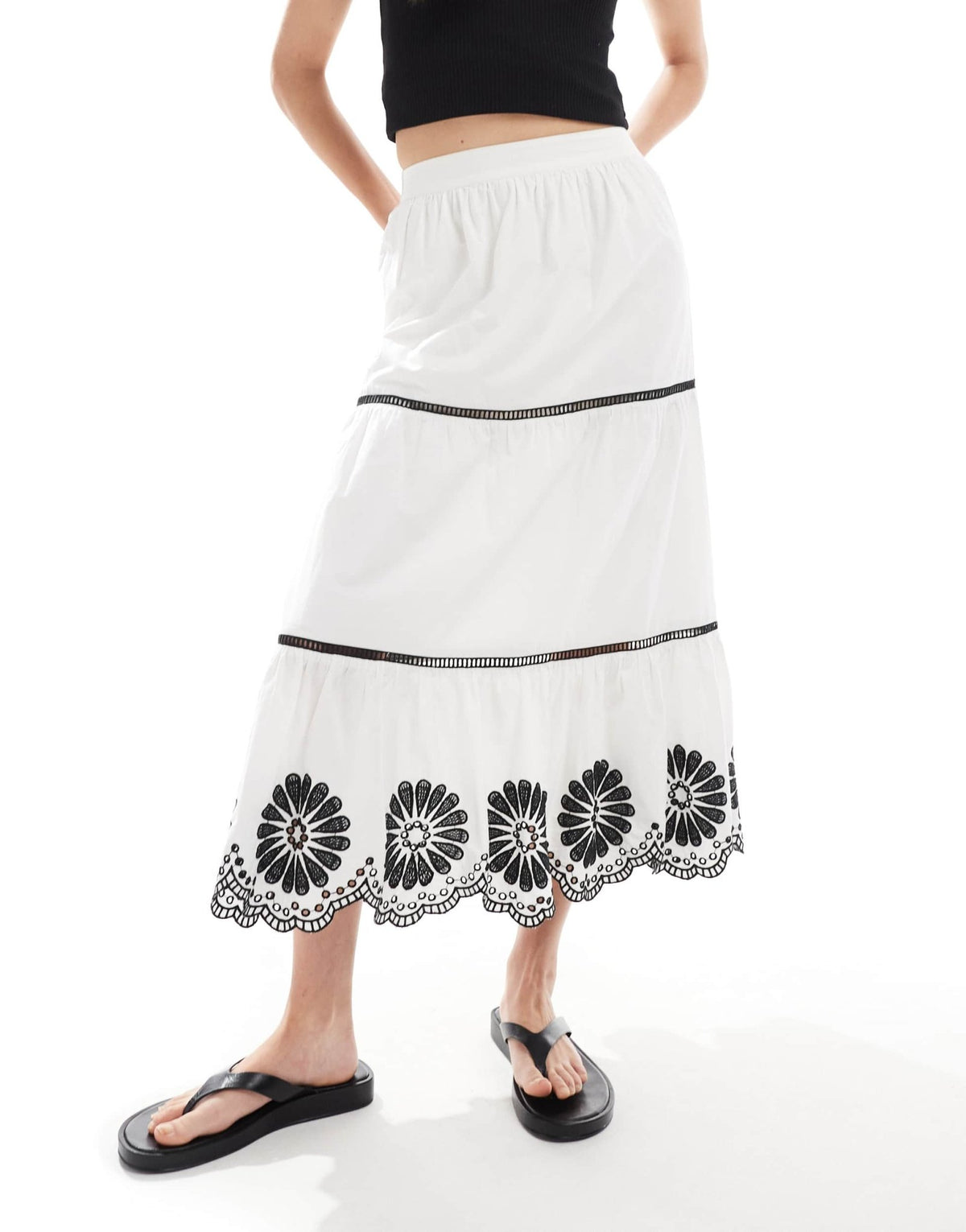 New Look tiered floral hem midi skirt in white - ASOS Sample Sale