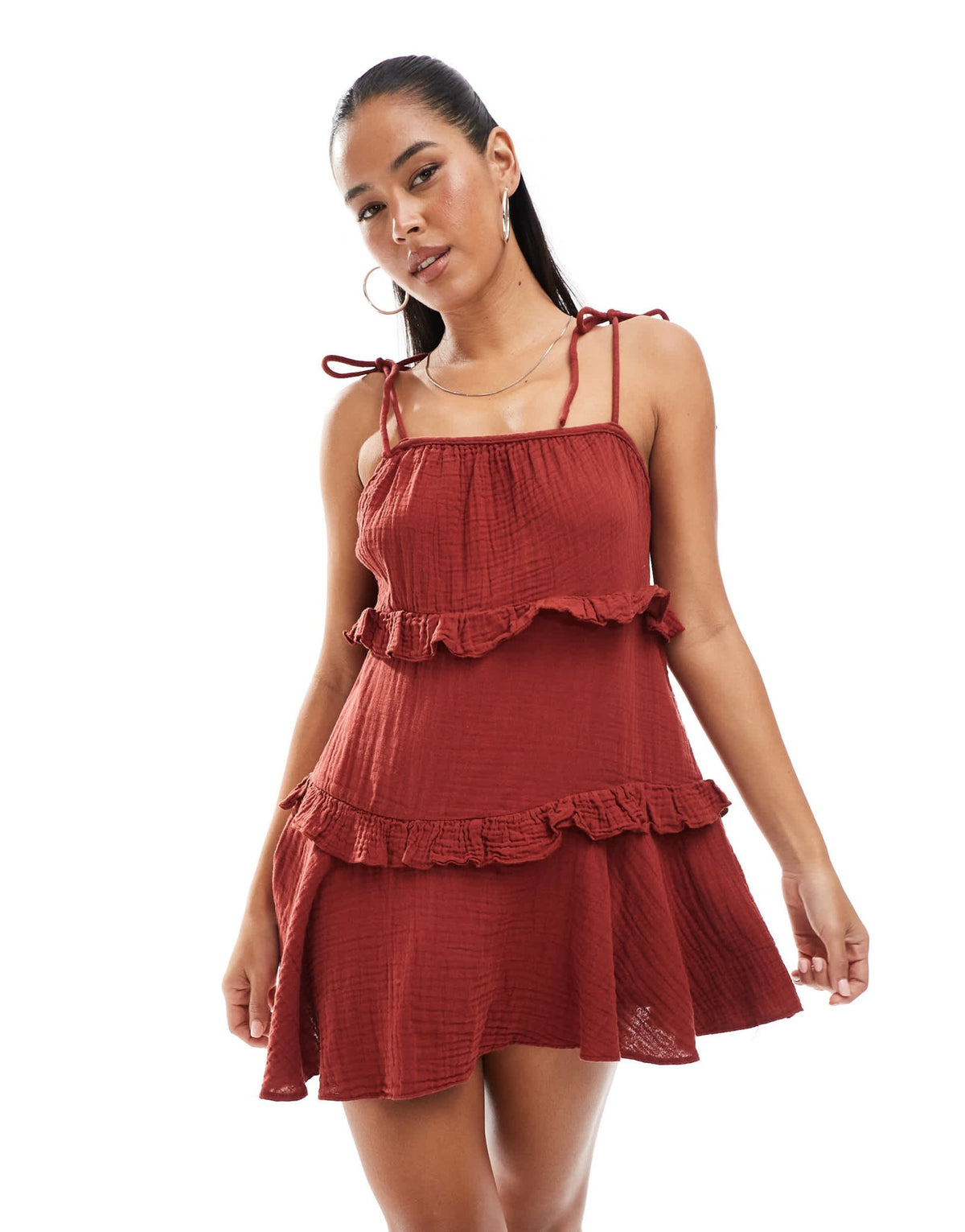 New Look tiered mini sundress in burgundy - ASOS Sample Sale