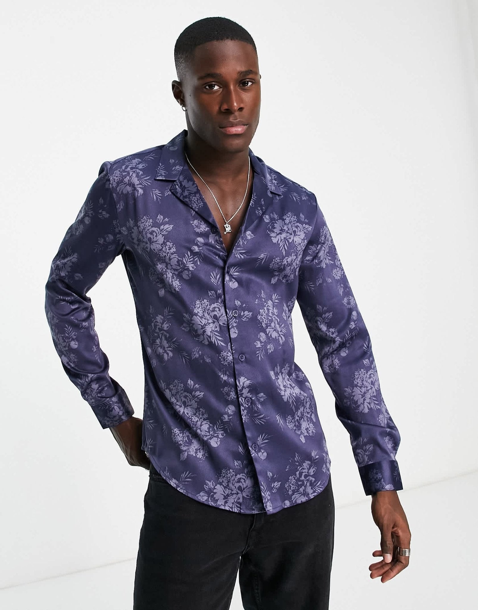 New Look tonal long sleeve floral satin shirt in blue - ASOS Sample Sale