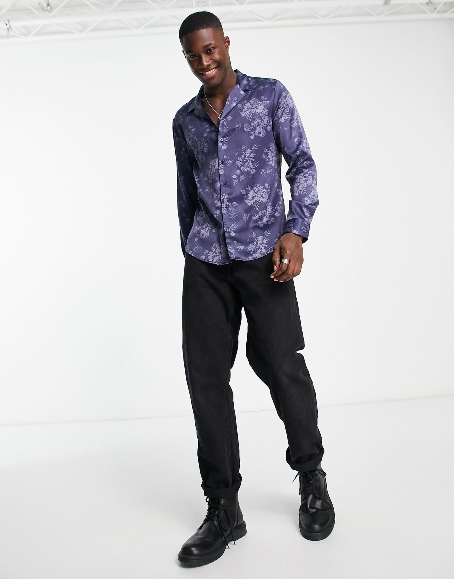 New Look tonal long sleeve floral satin shirt in blue - ASOS Sample Sale