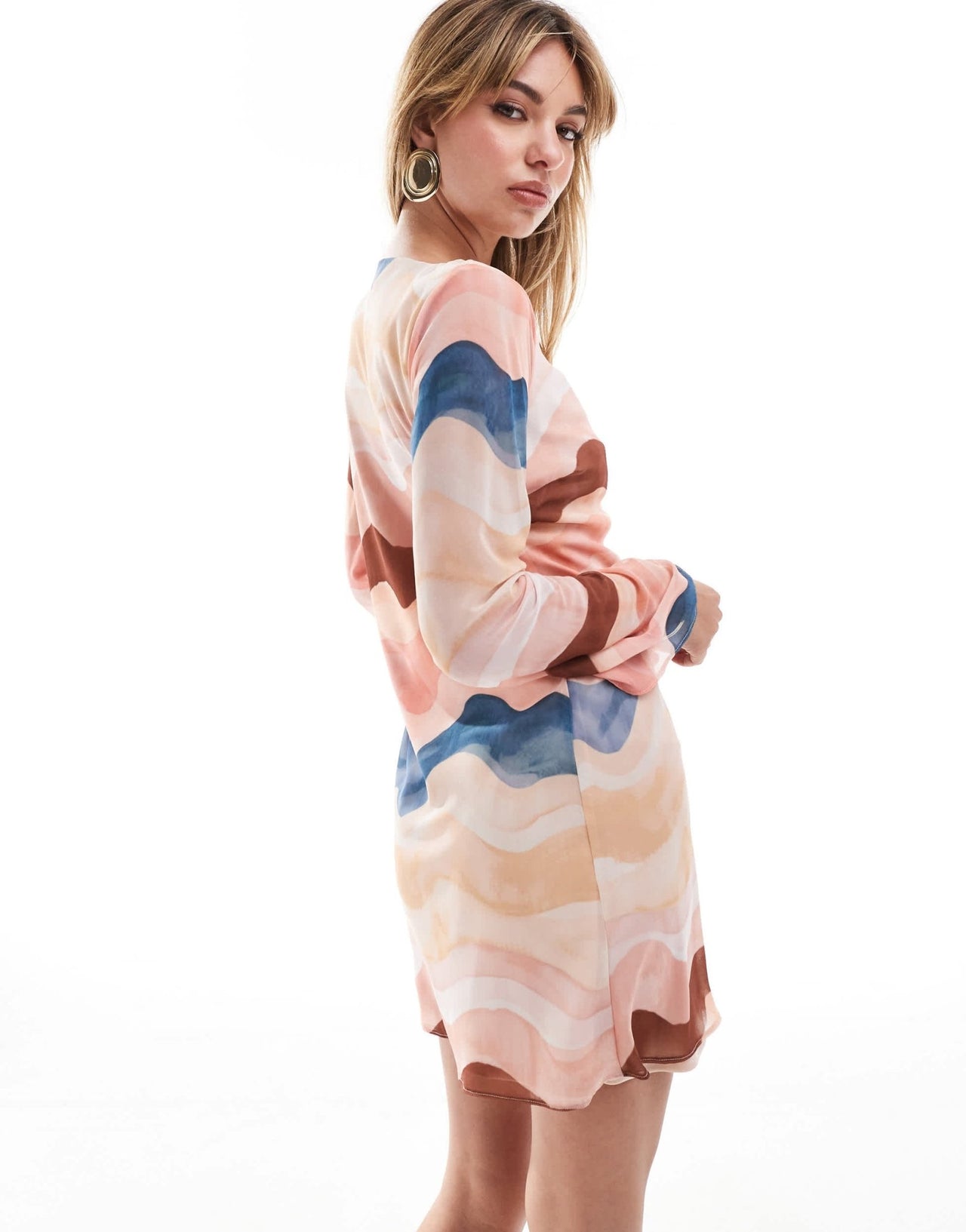 New Look wavy chiffon long sleeve midi dress in multi colour - ASOS Sample Sale