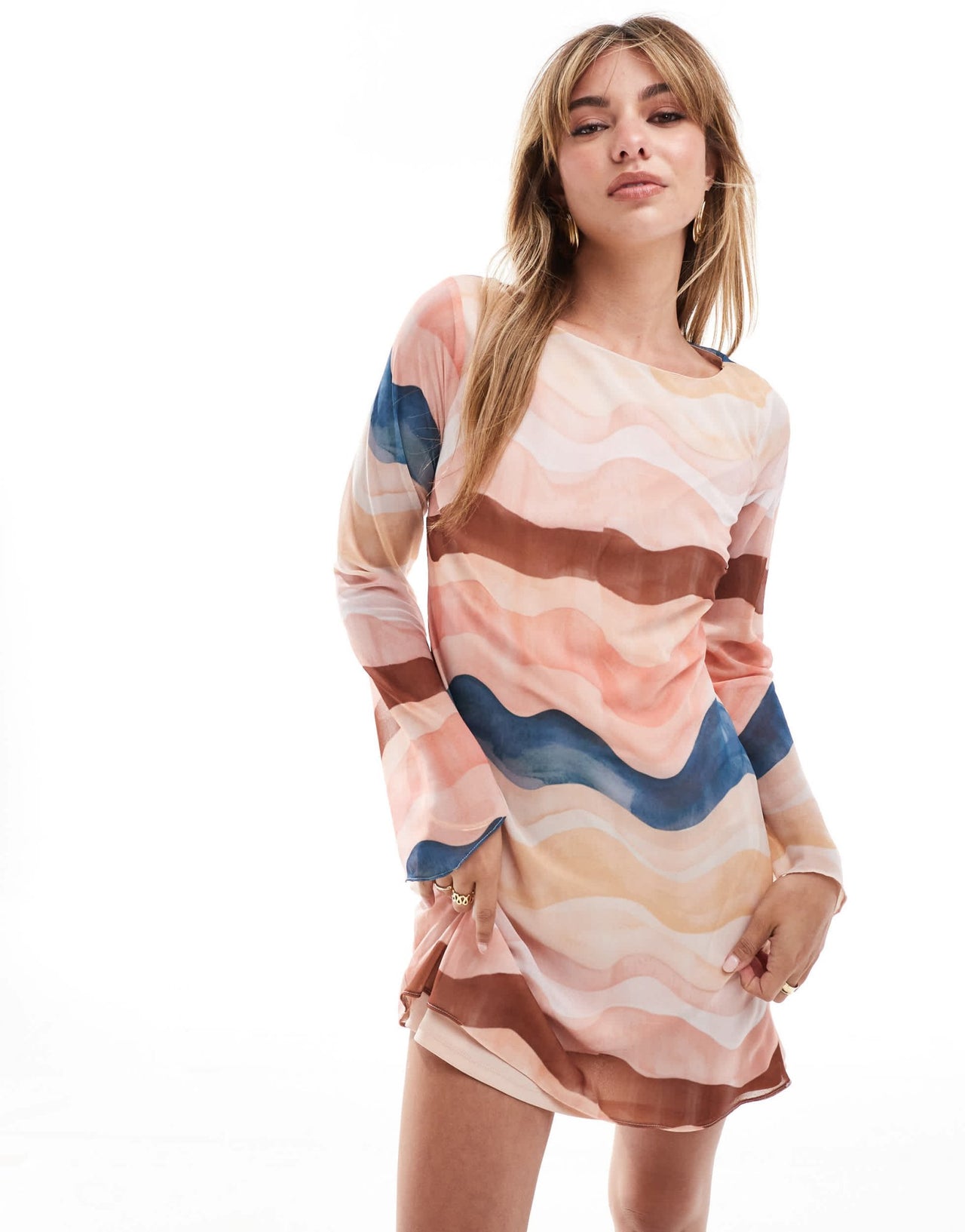 New Look wavy chiffon long sleeve midi dress in multi colour - ASOS Sample Sale