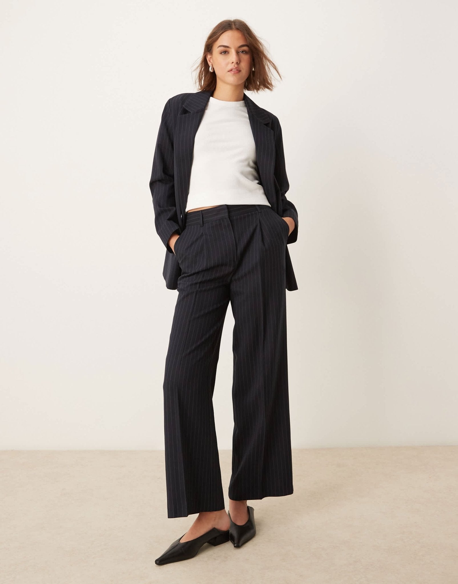 New Look wide leg pinstripe tailored trouser co-ord in navy - ASOS Sample Sale