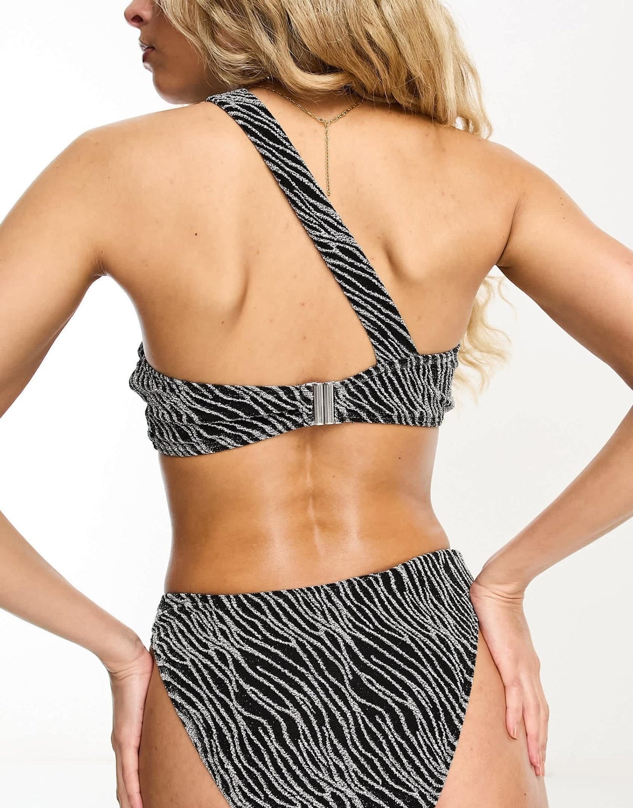 New Look zebra glitter one shoulder ring detail bikini top in black - ASOS Sample Sale