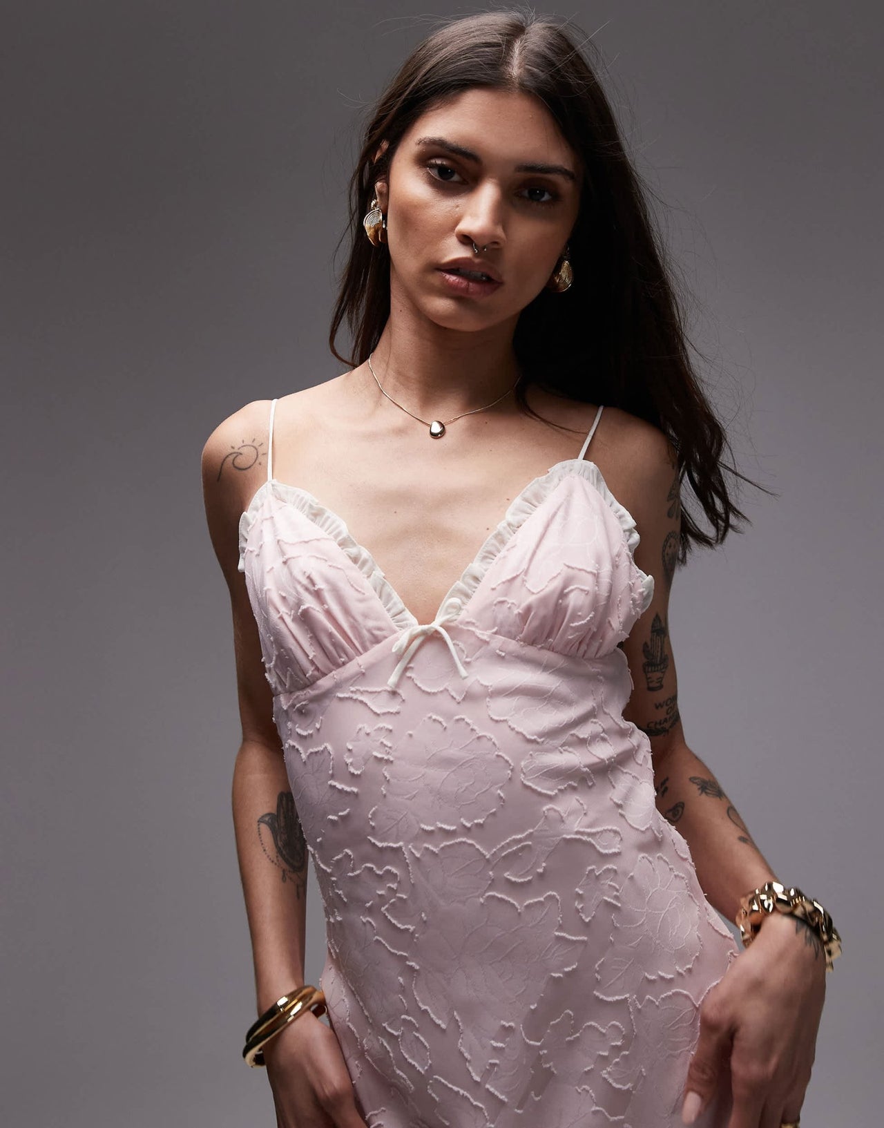 Nia camille flocked midaxi dress in blush pink - ASOS Sample Sale