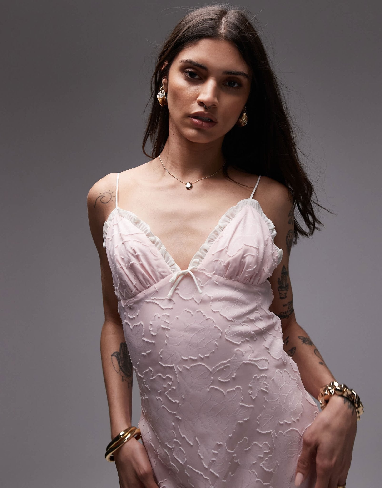 Nia camille flocked midaxi dress in blush pink - ASOS Sample Sale