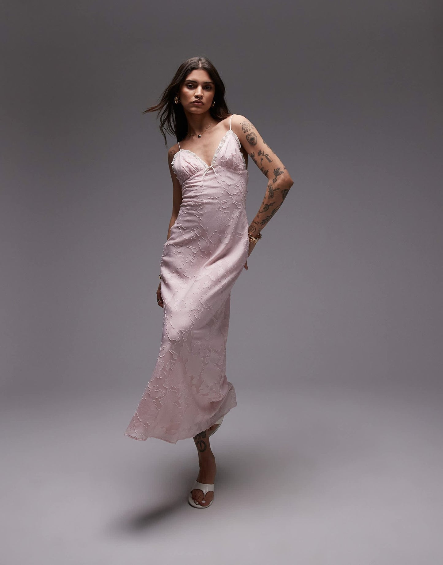 Nia camille flocked midaxi dress in blush pink - ASOS Sample Sale