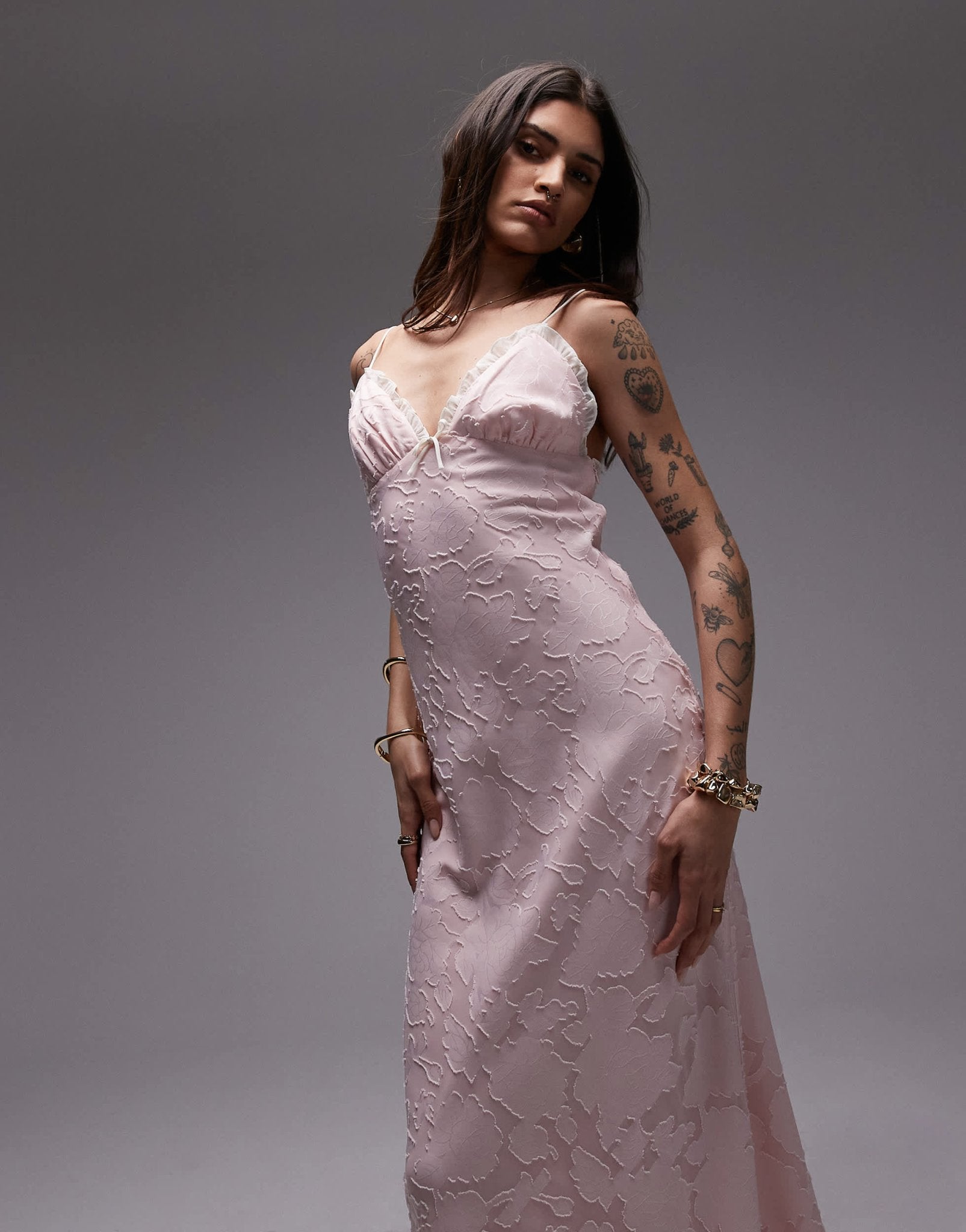 Nia camille flocked midaxi dress in blush pink - ASOS Sample Sale