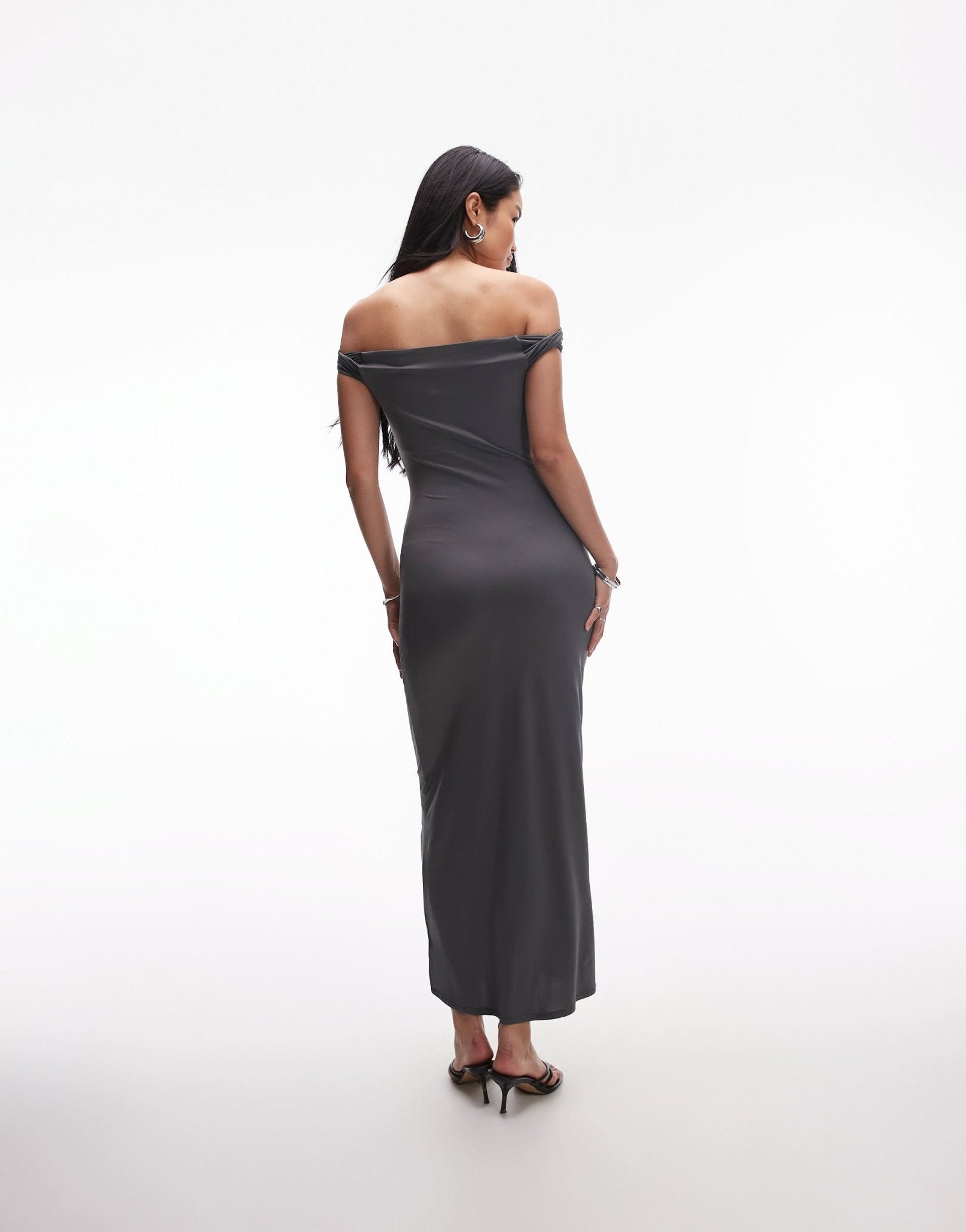 Nia clara slinky off - shoulder maxi dress in charcoal grey - ASOS Sample Sale